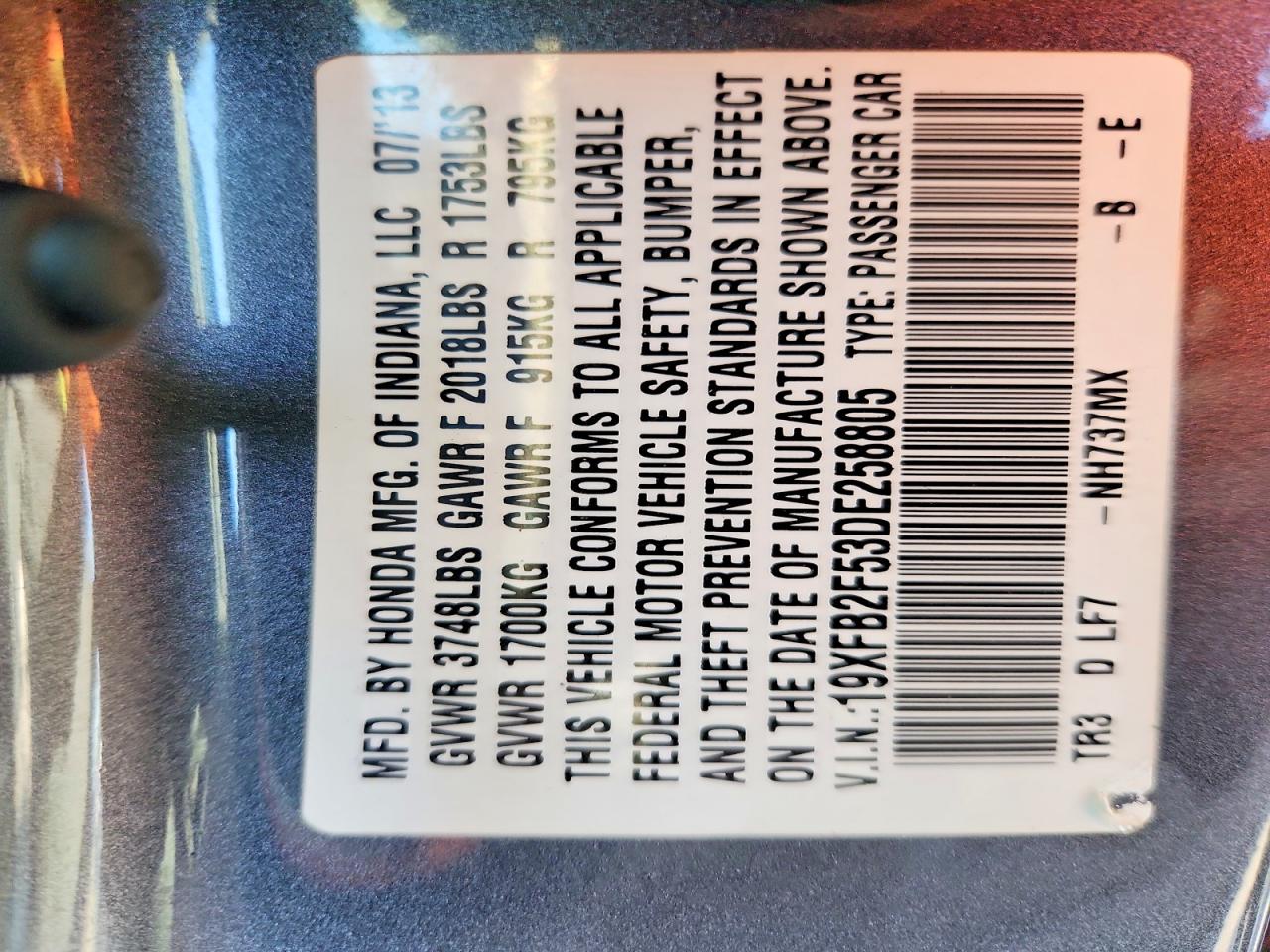 2013 Honda Civic Lx Gray vin: 19XFB2F53DE258805