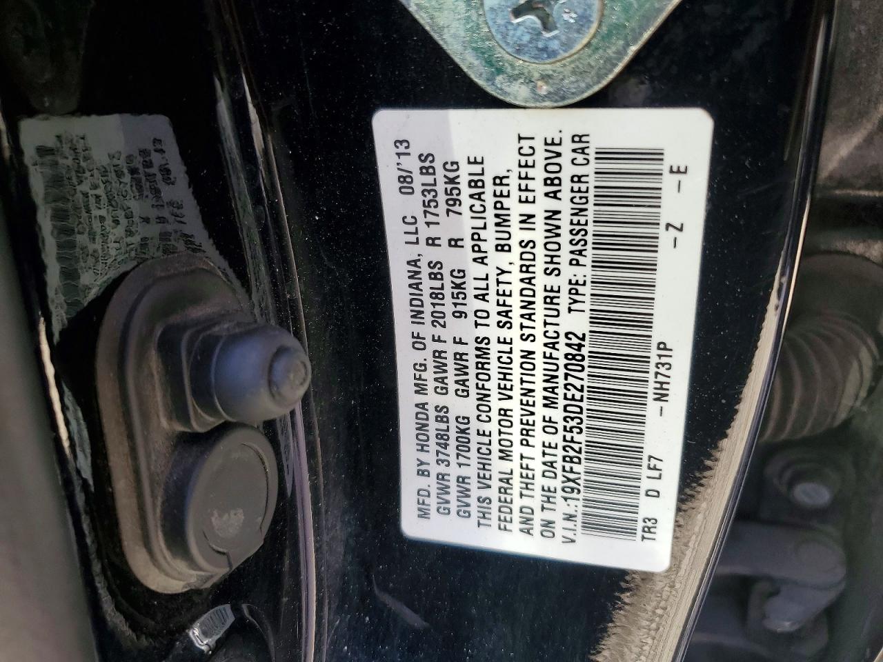2013 Honda Civic Lx Black vin: 19XFB2F53DE270842