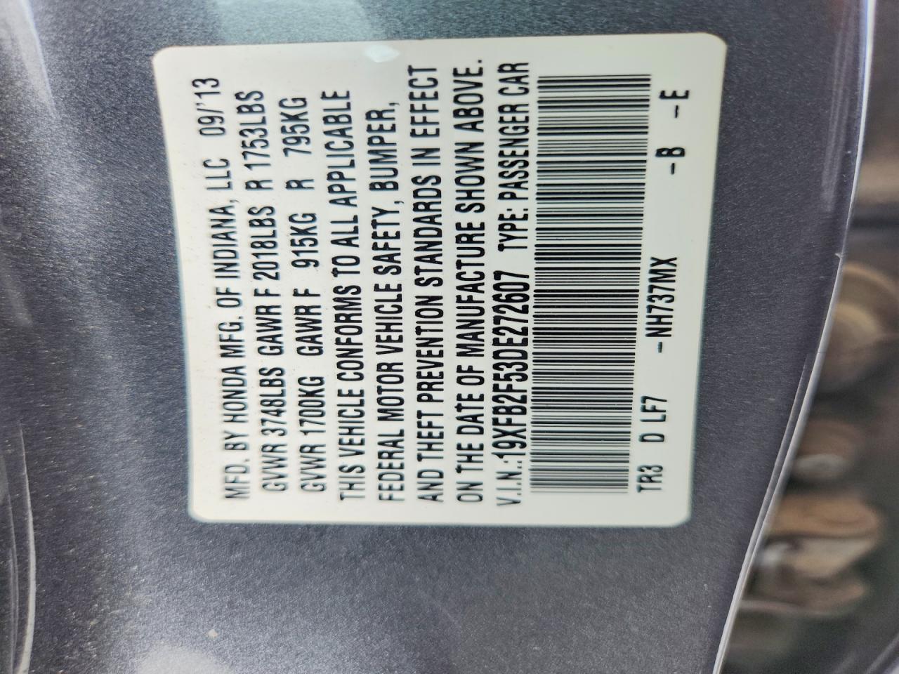 2013 Honda Civic Lx Gray vin: 19XFB2F53DE272607