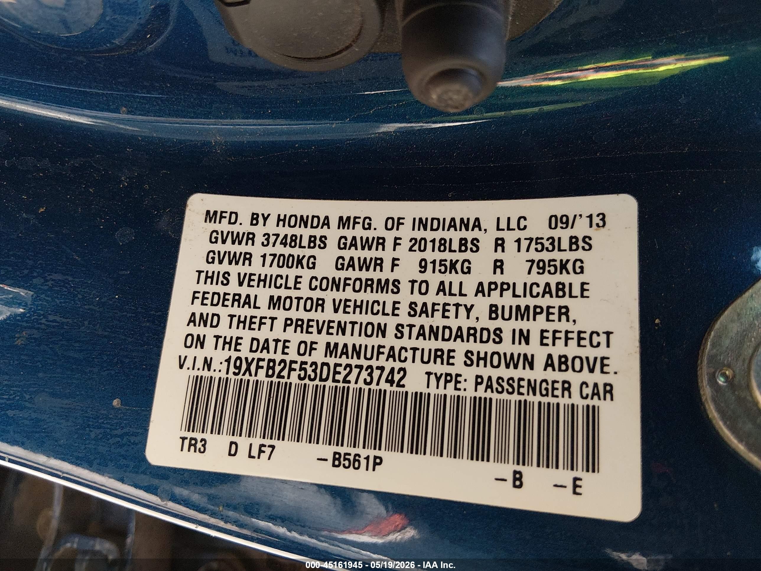 2013 Honda Civic Lx Blue vin: 19XFB2F53DE273742