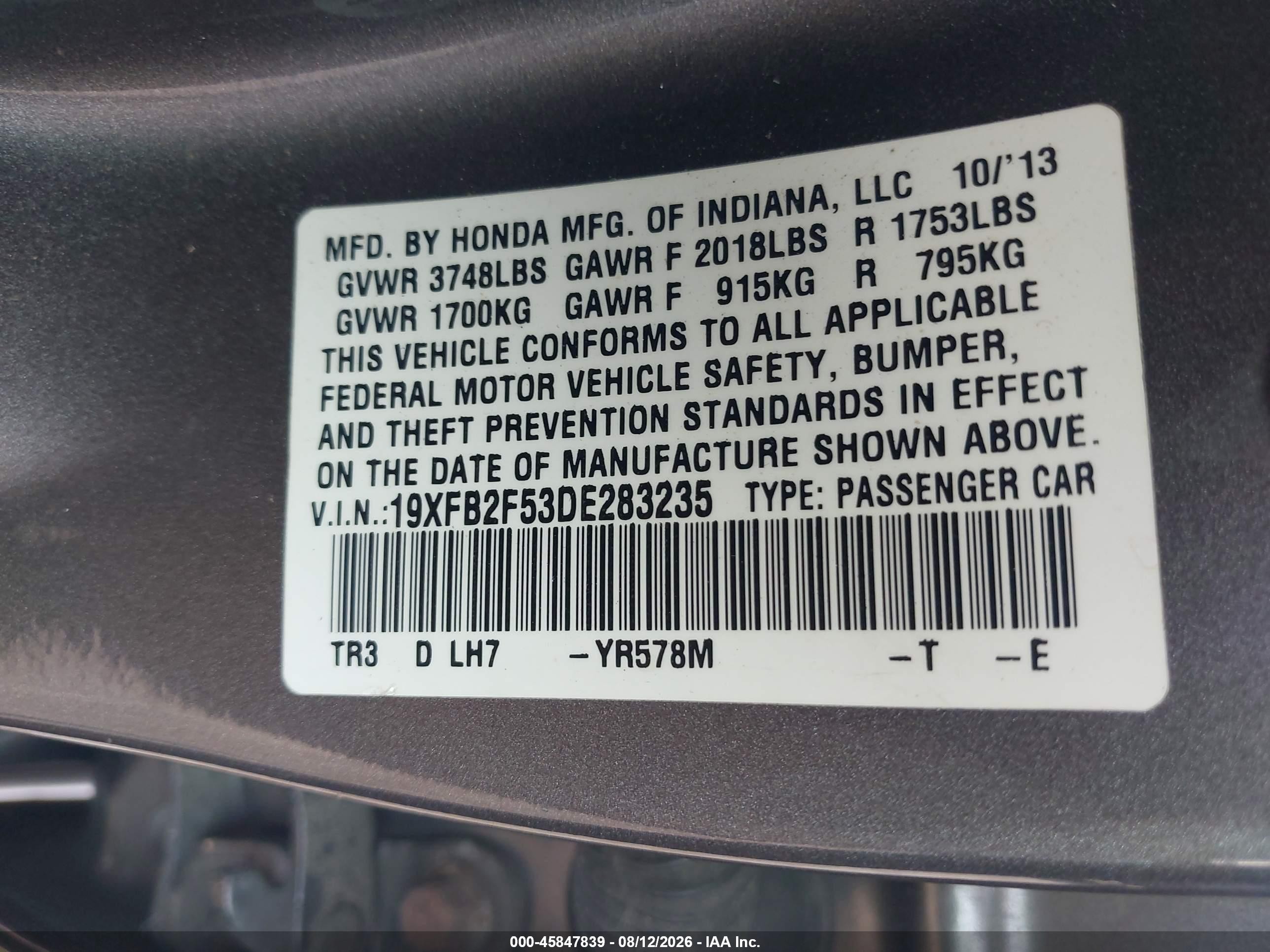 2013 Honda Civic Lx Tan vin: 19XFB2F53DE283235