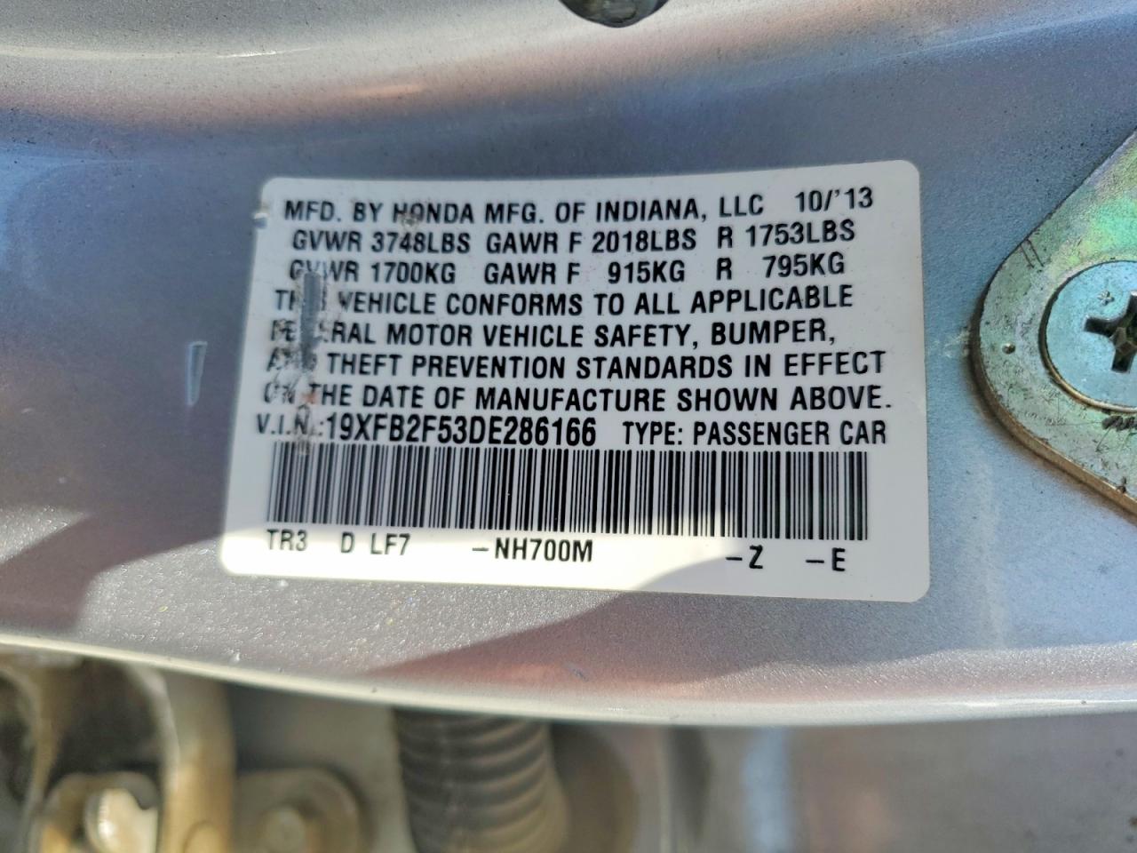 2013 Honda Civic Lx Silver vin: 19XFB2F53DE286166