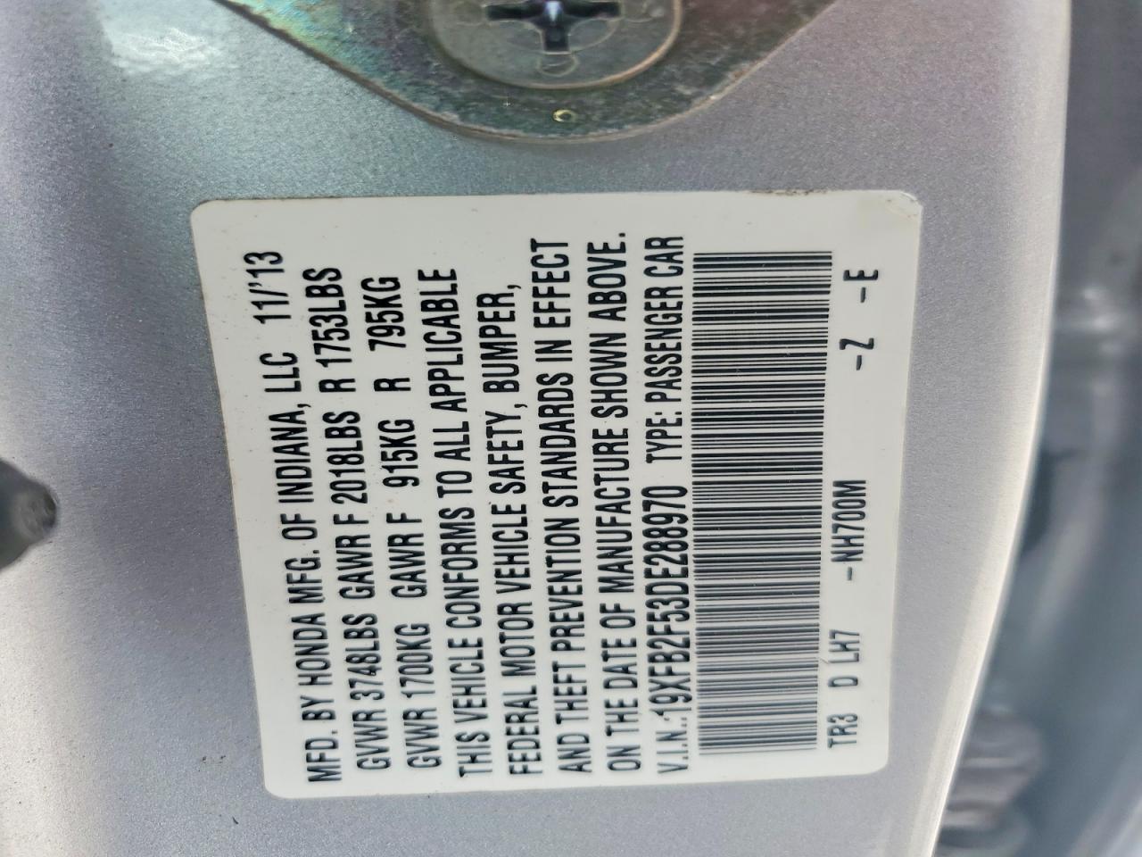 2013 Honda Civic Lx Серебряный vin: 19XFB2F53DE288970