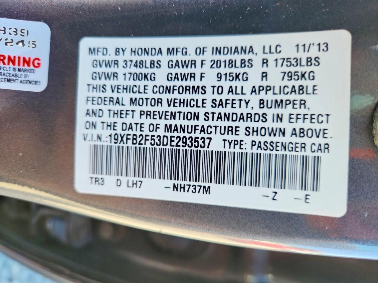 2013 Honda Civic Lx Угольный vin: 19XFB2F53DE293537