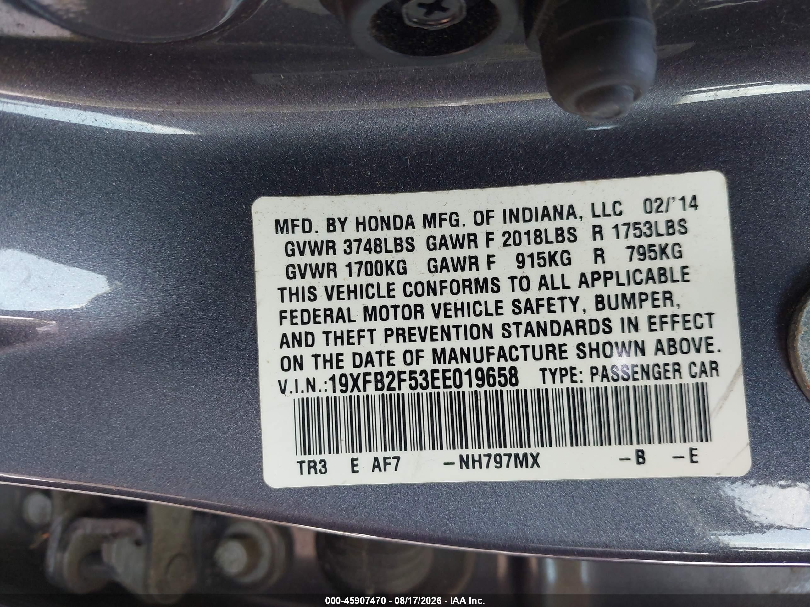 2014 Honda Civic Lx Gray vin: 19XFB2F53EE019658
