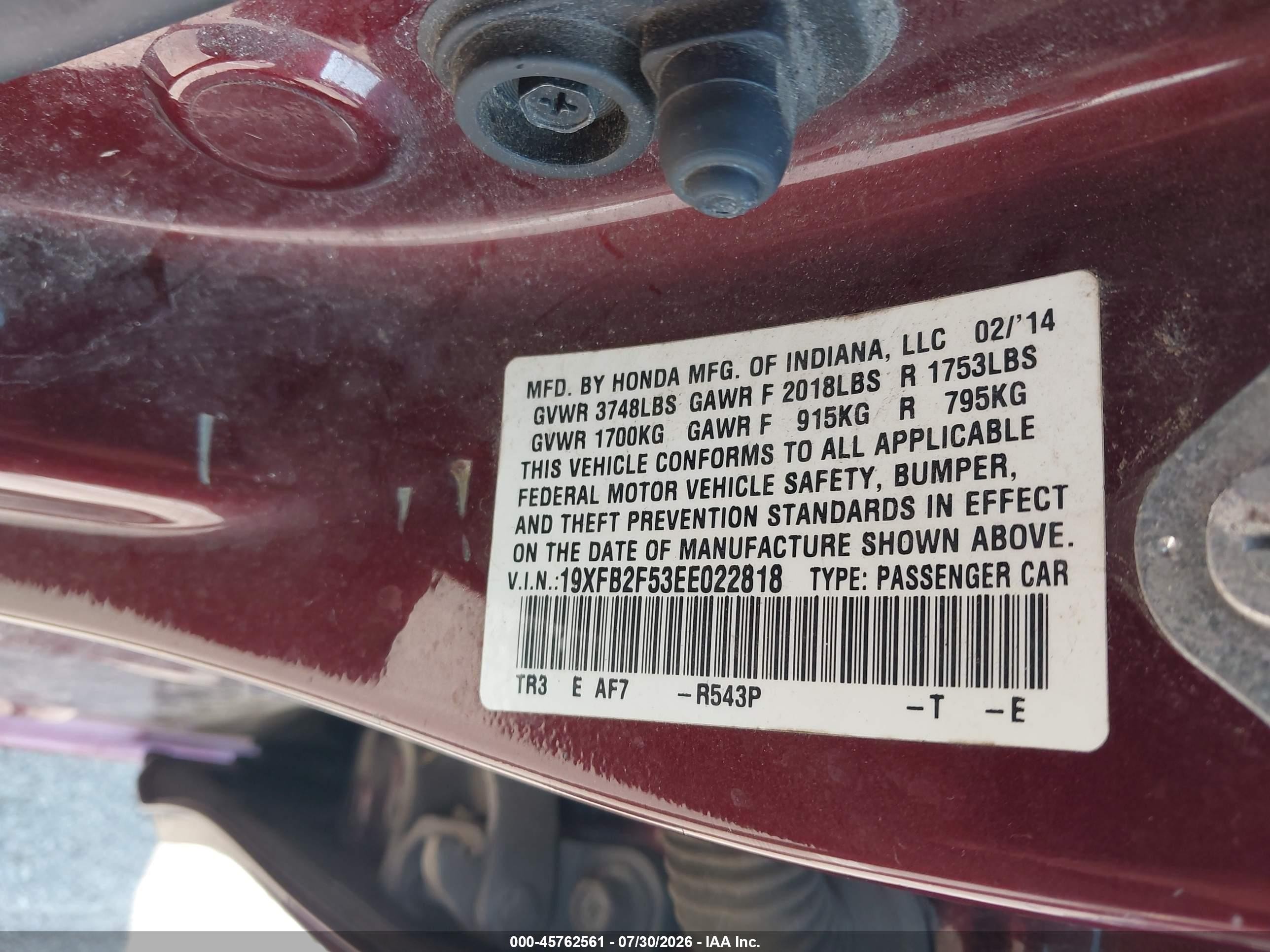 2014 Honda Civic Lx Burgundy vin: 19XFB2F53EE022818