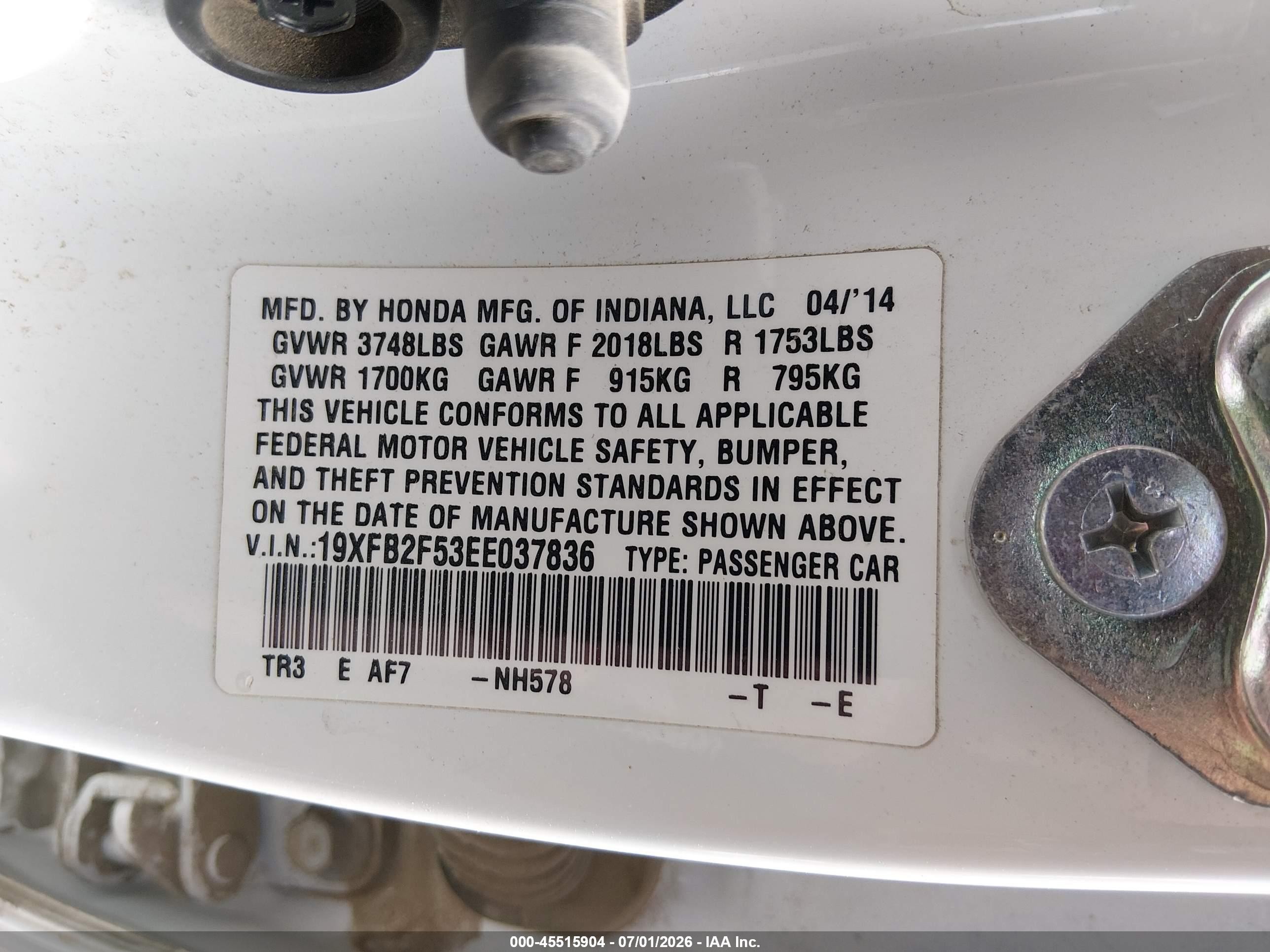 2014 Honda Civic Lx Белый vin: 19XFB2F53EE037836