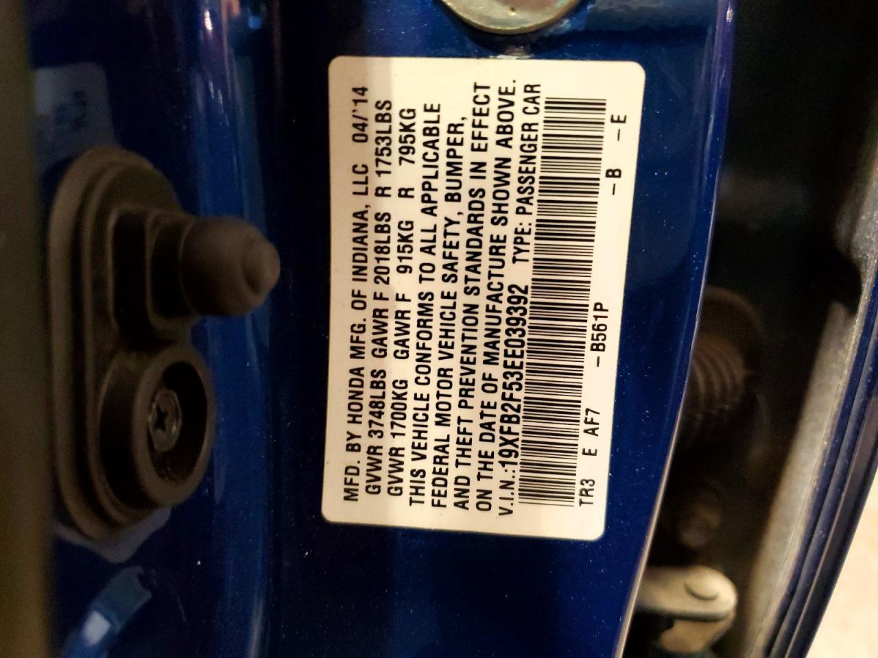 2014 Honda Civic Lx Blue vin: 19XFB2F53EE039392
