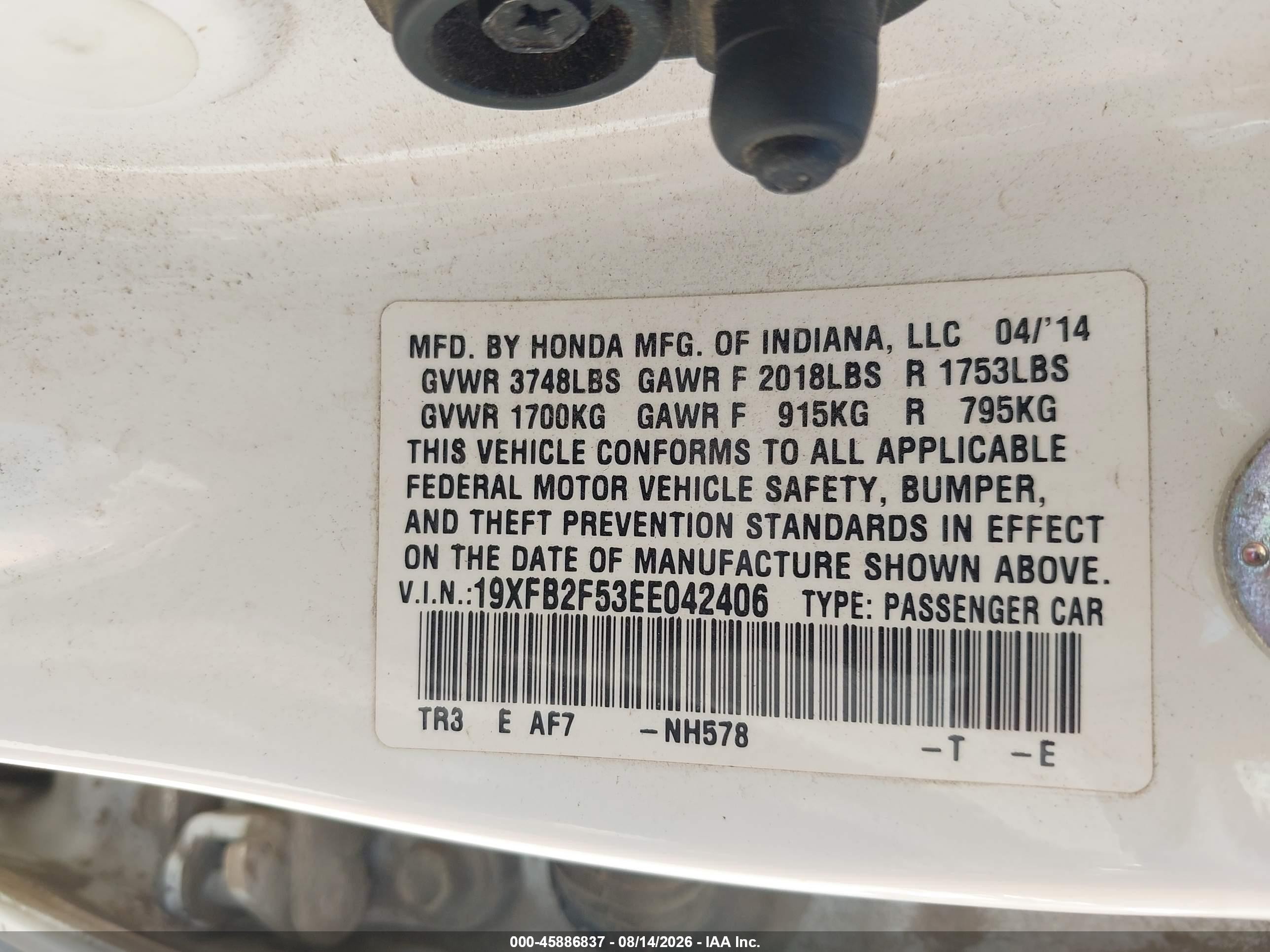 2014 Honda Civic Lx White vin: 19XFB2F53EE042406