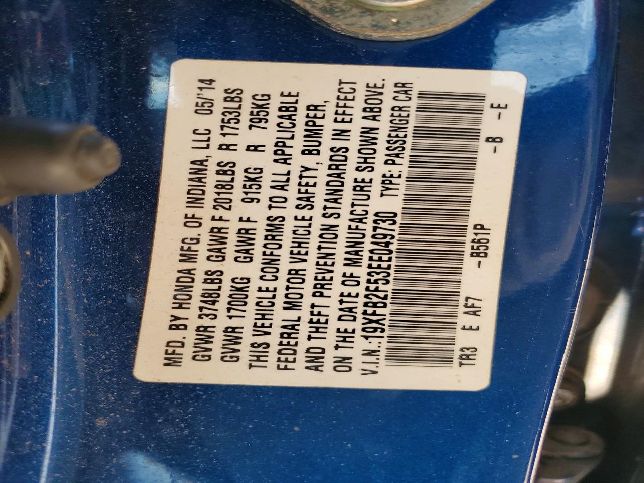 2014 Honda Civic Lx Blue vin: 19XFB2F53EE049730