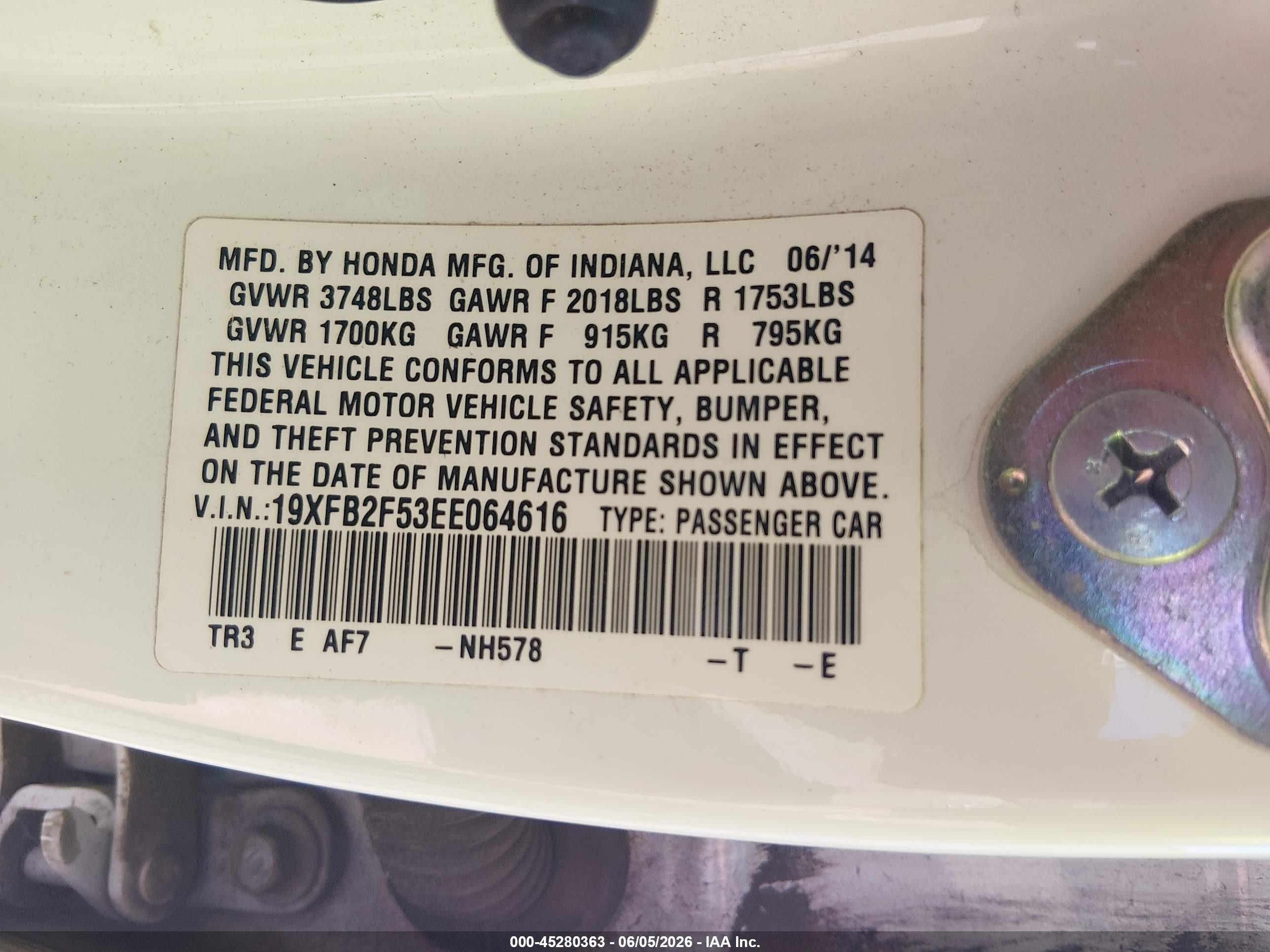 2014 Honda Civic Lx White vin: 19XFB2F53EE064616