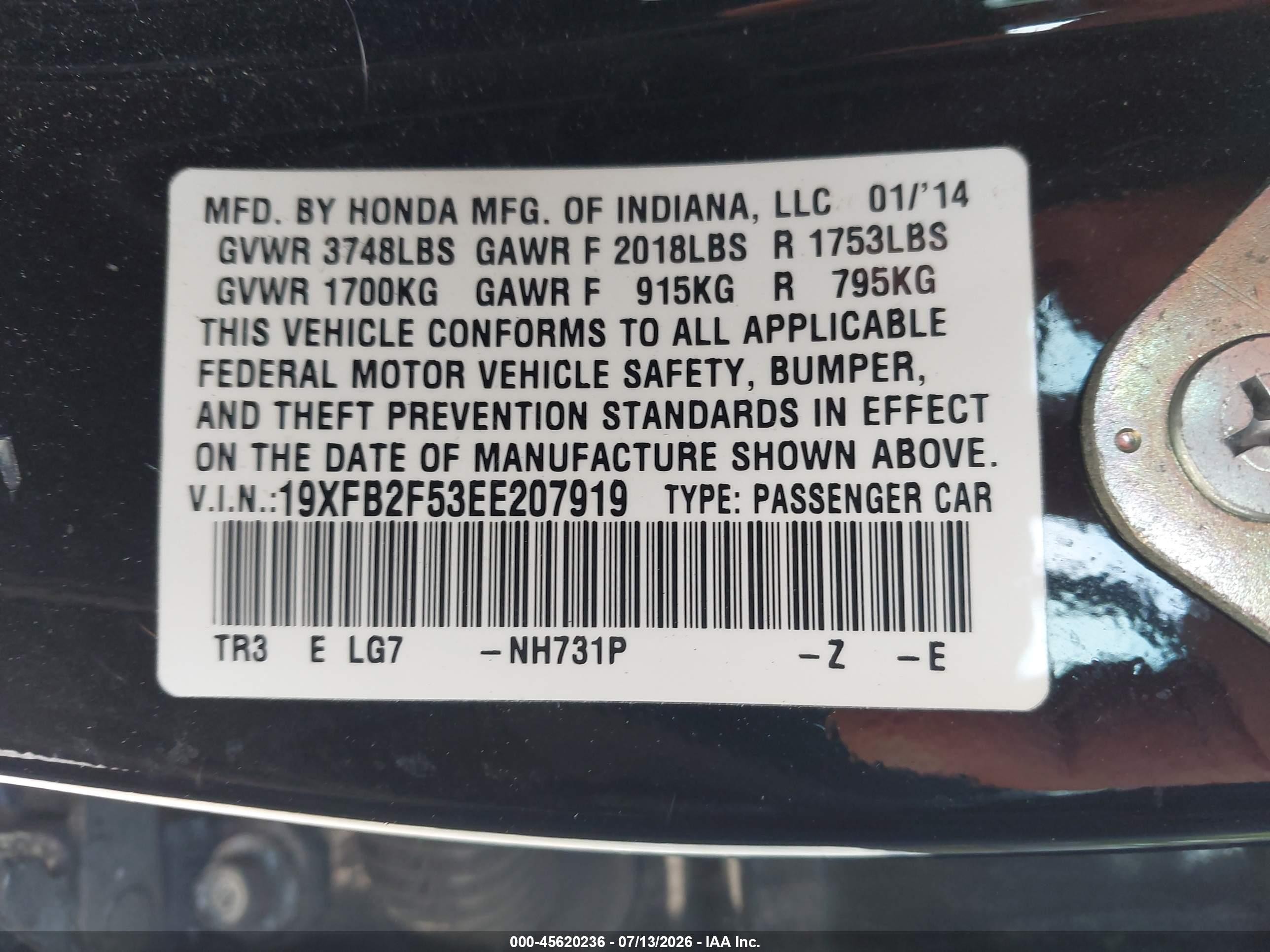 2014 Honda Civic Lx Black vin: 19XFB2F53EE207919