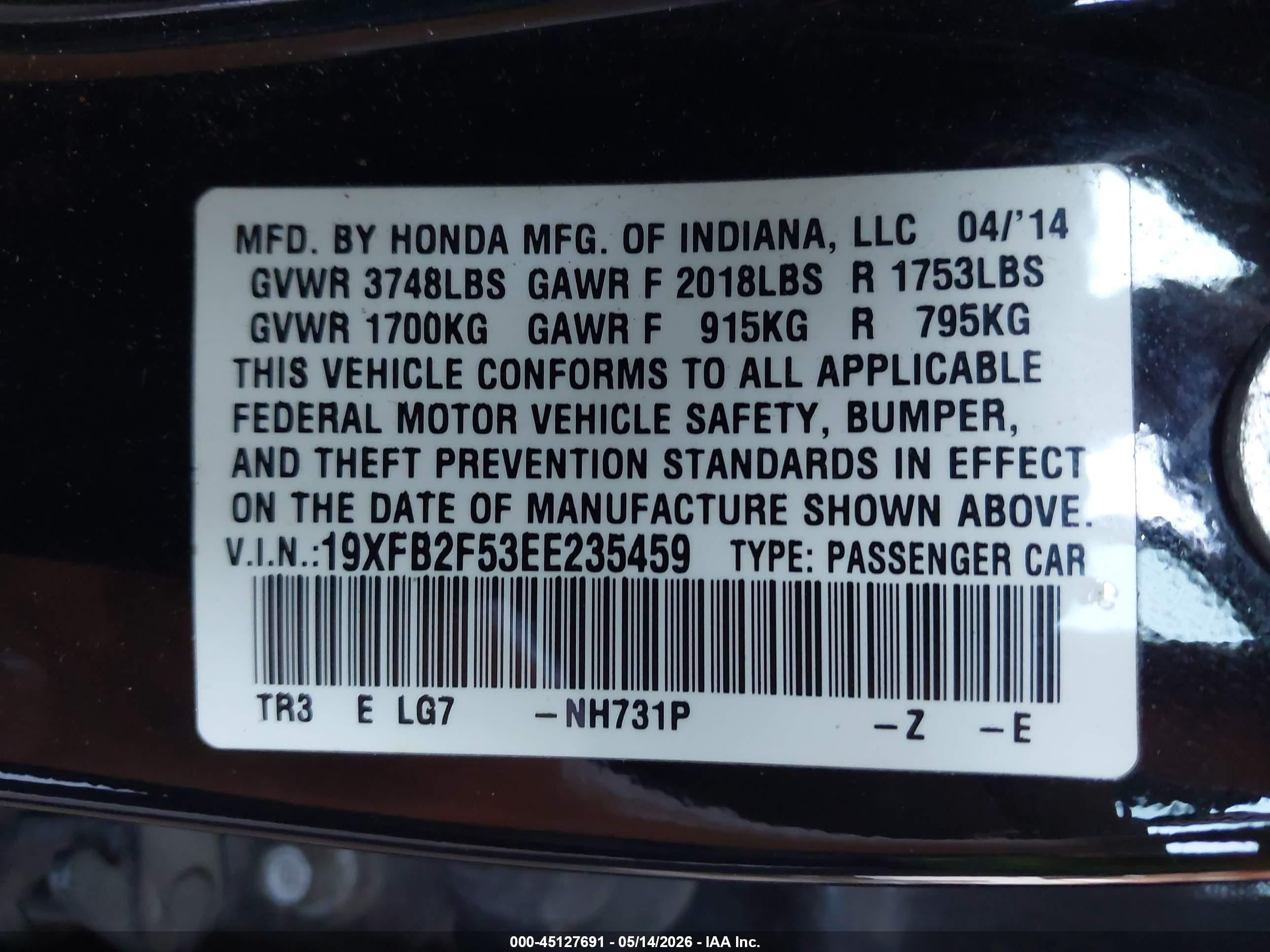 2014 Honda Civic Lx Black vin: 19XFB2F53EE235459