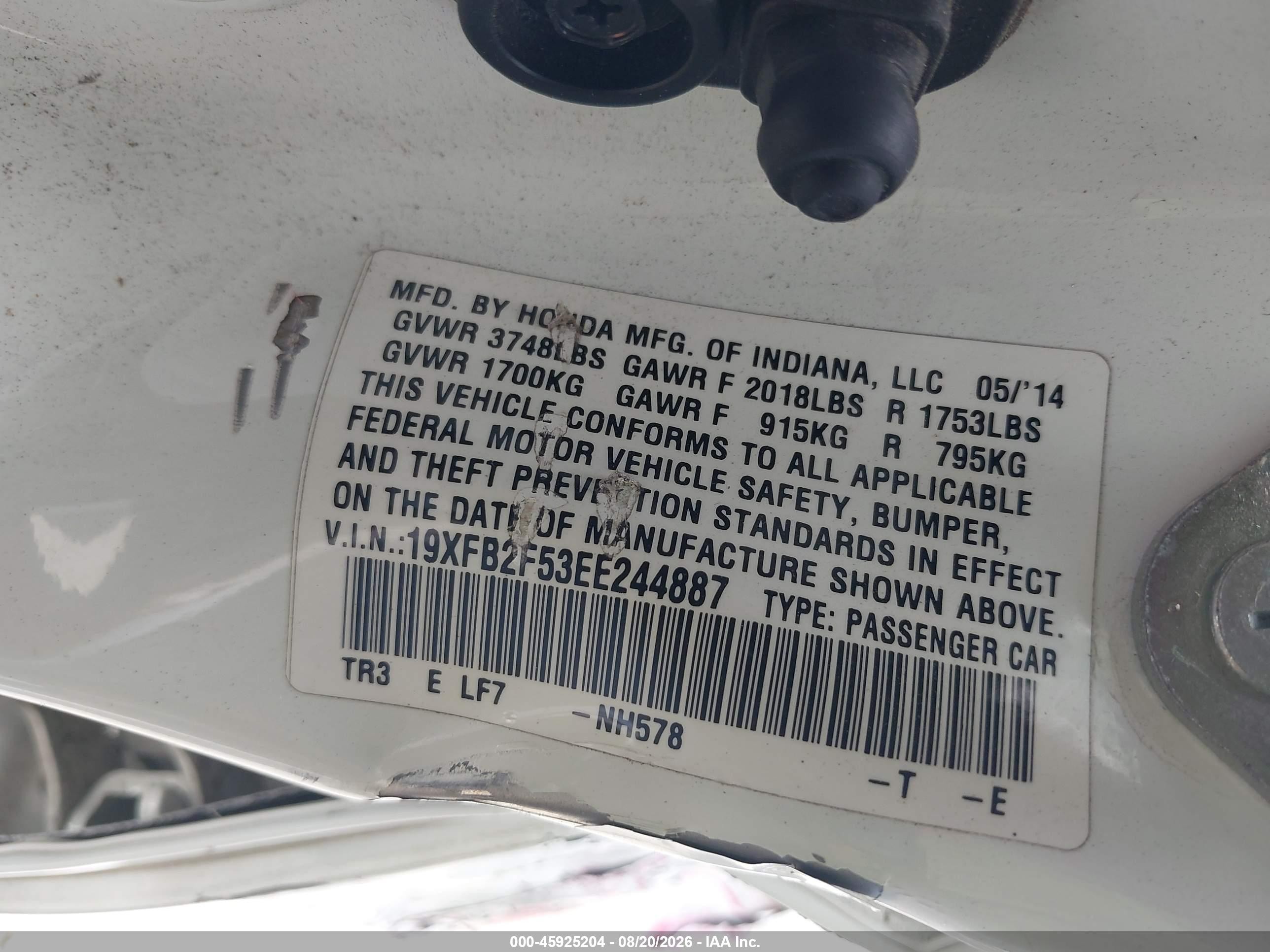2014 Honda Civic Lx White vin: 19XFB2F53EE244887