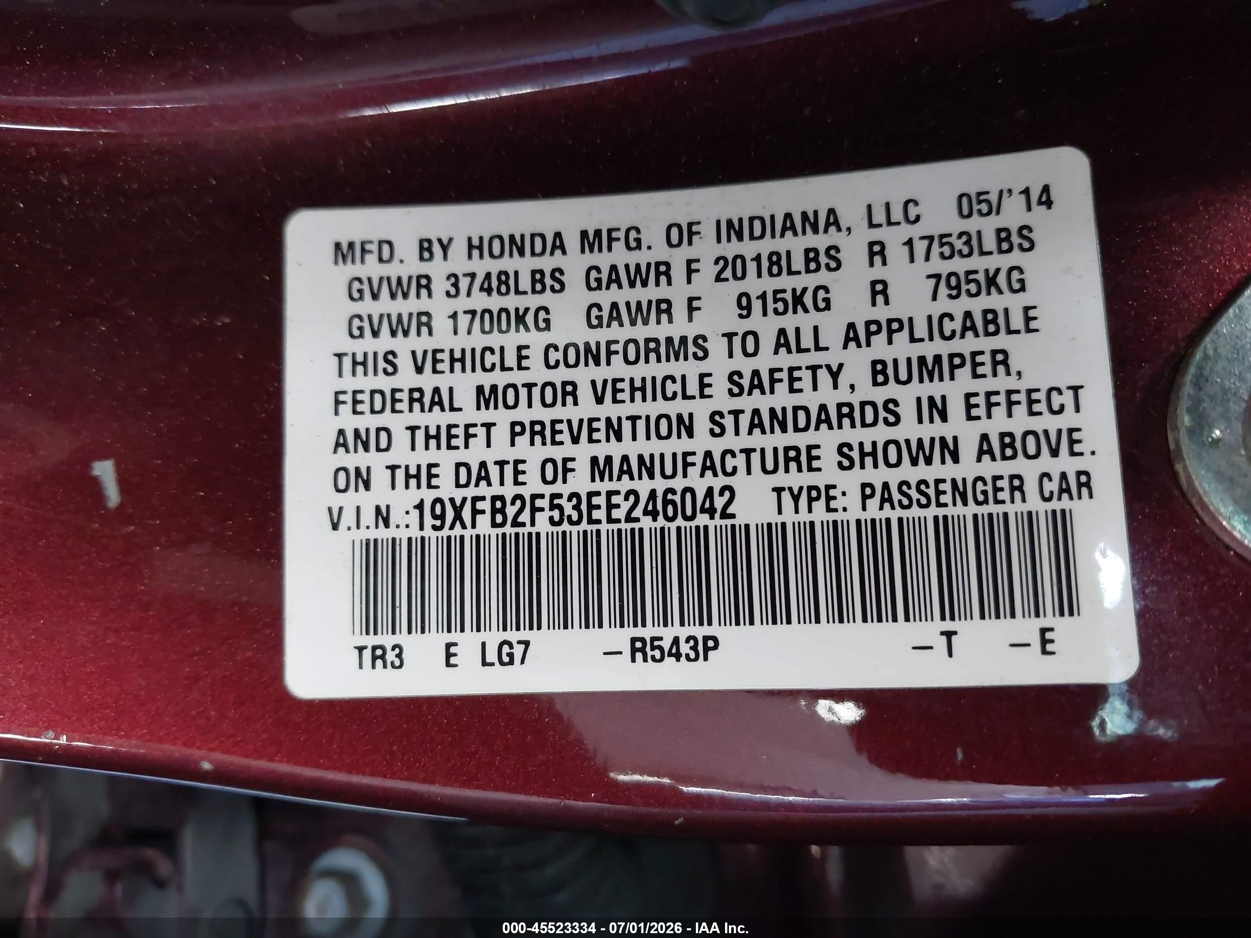 2014 Honda Civic Lx Burgundy vin: 19XFB2F53EE246042
