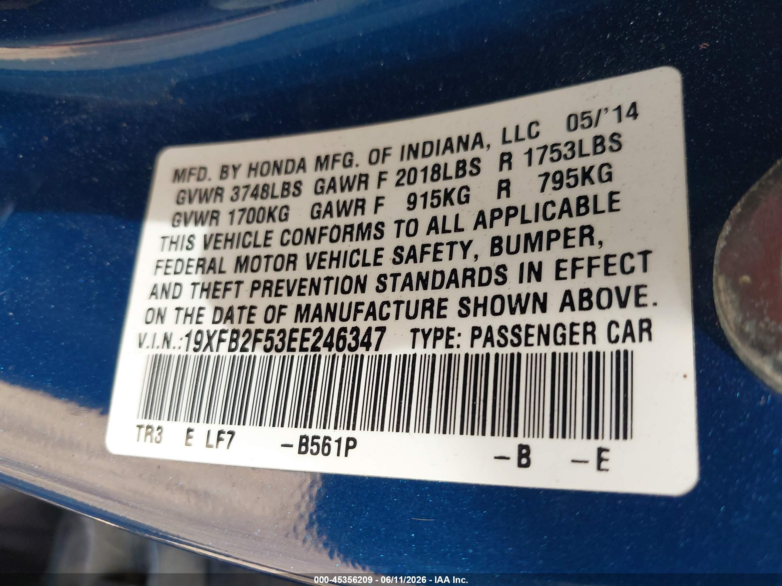 2014 Honda Civic Lx Blue vin: 19XFB2F53EE246347