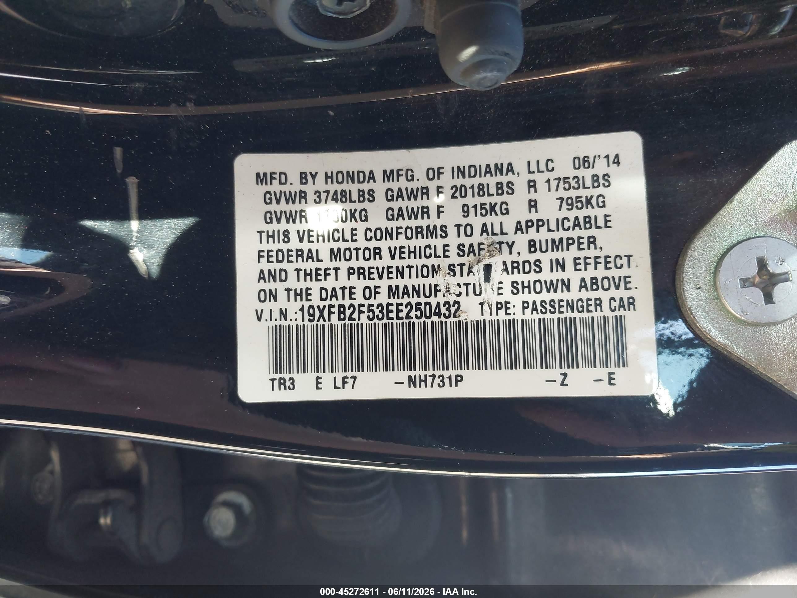 2014 Honda Civic Lx Black vin: 19XFB2F53EE250432