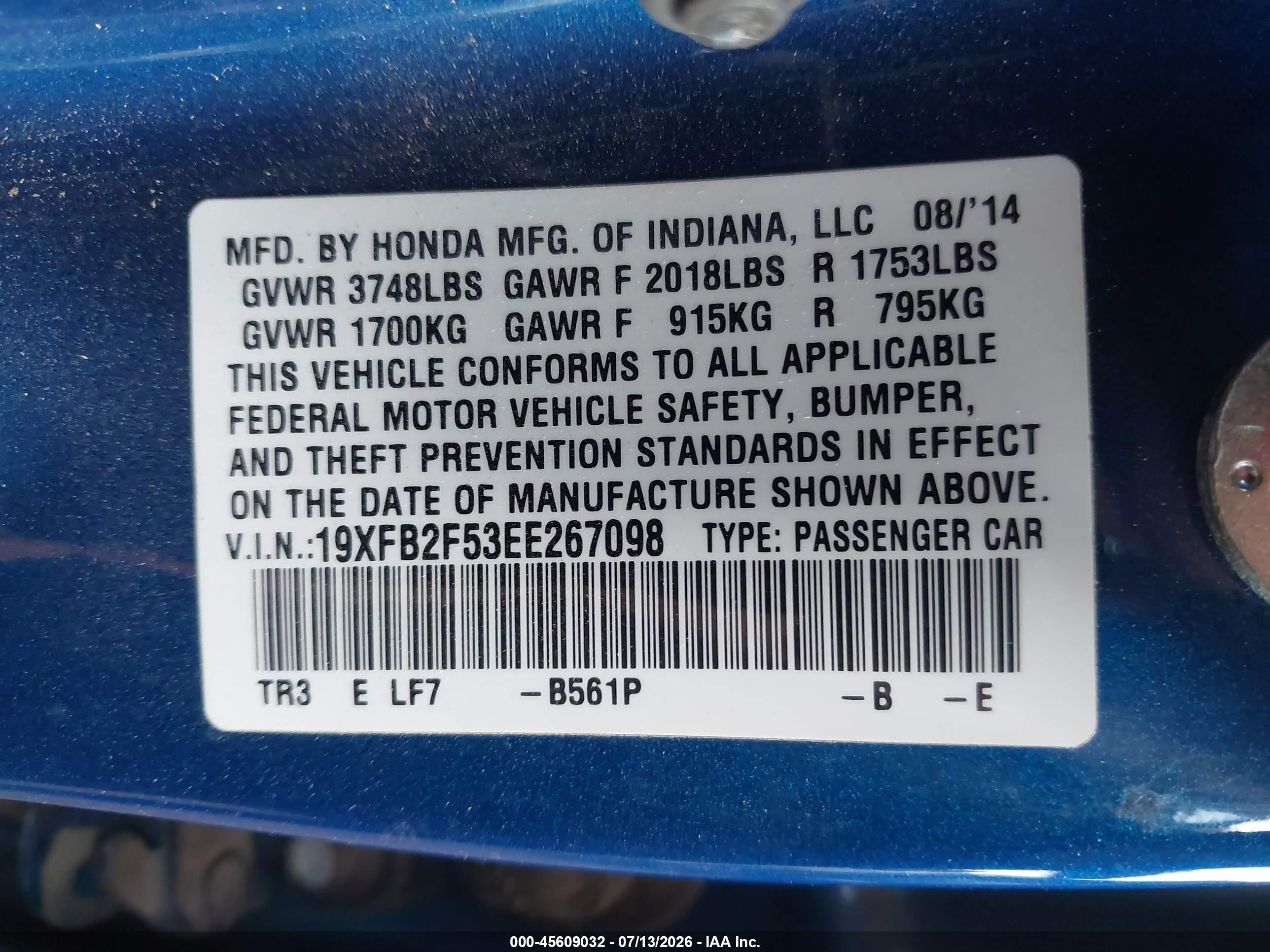 2014 Honda Civic Lx Синий vin: 19XFB2F53EE267098