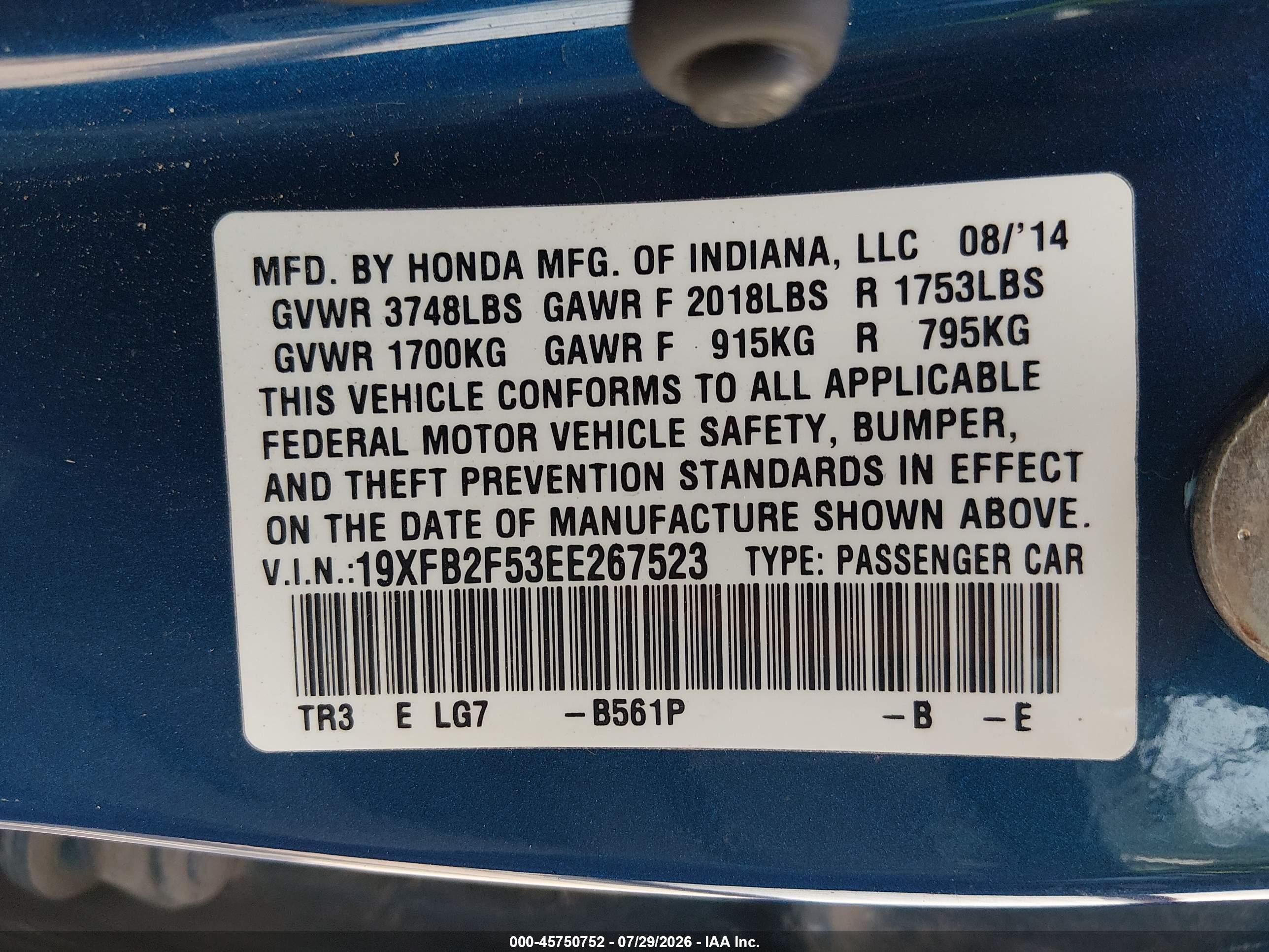 2014 Honda Civic Lx Blue vin: 19XFB2F53EE267523