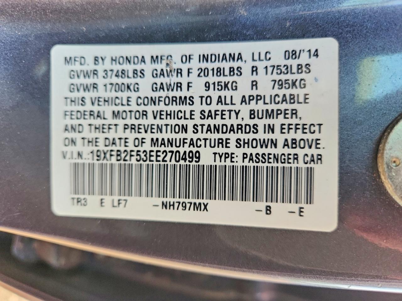 2014 Honda Civic Lx Gray vin: 19XFB2F53EE270499