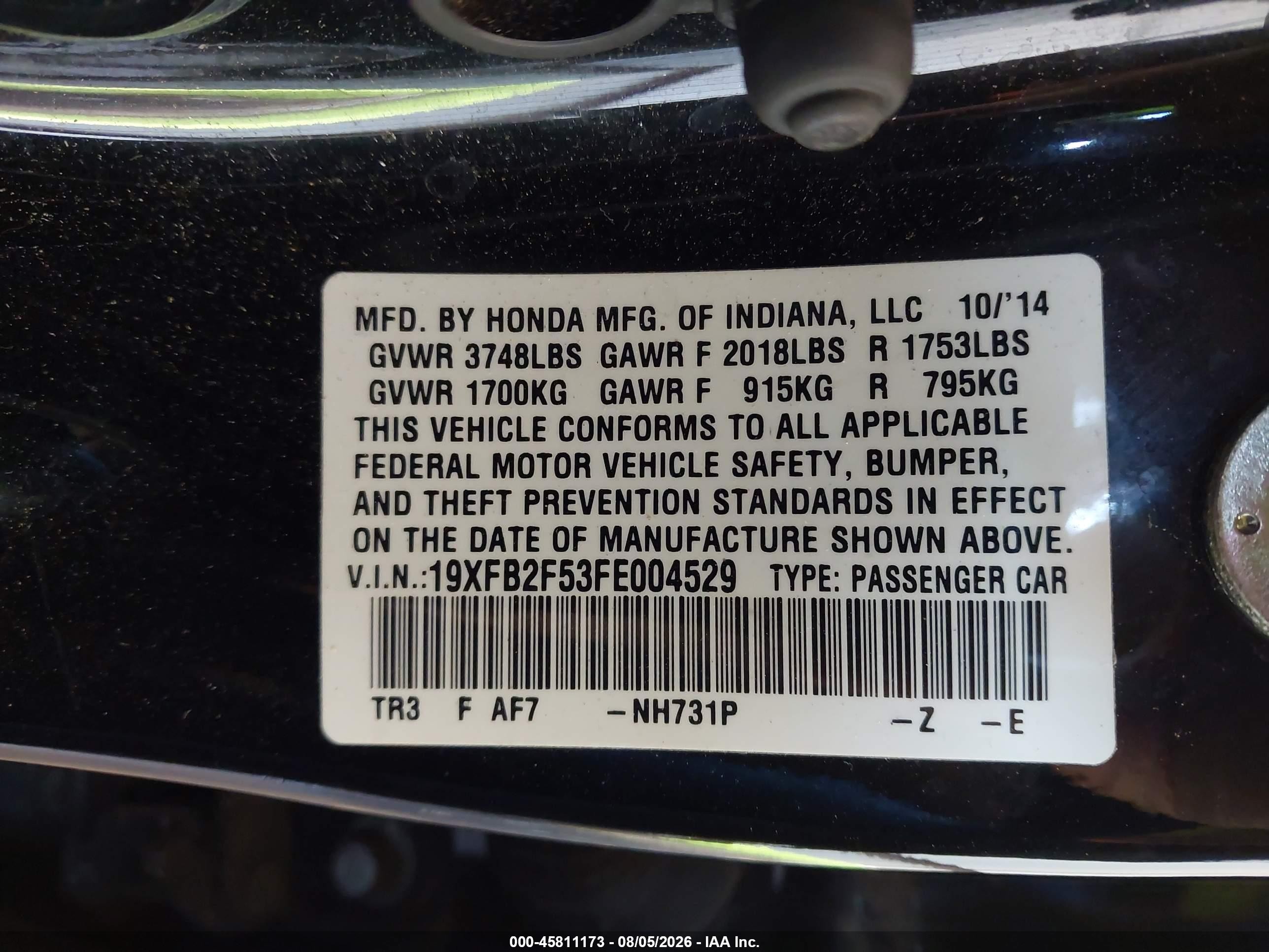 2015 Honda Civic Lx Black vin: 19XFB2F53FE004529