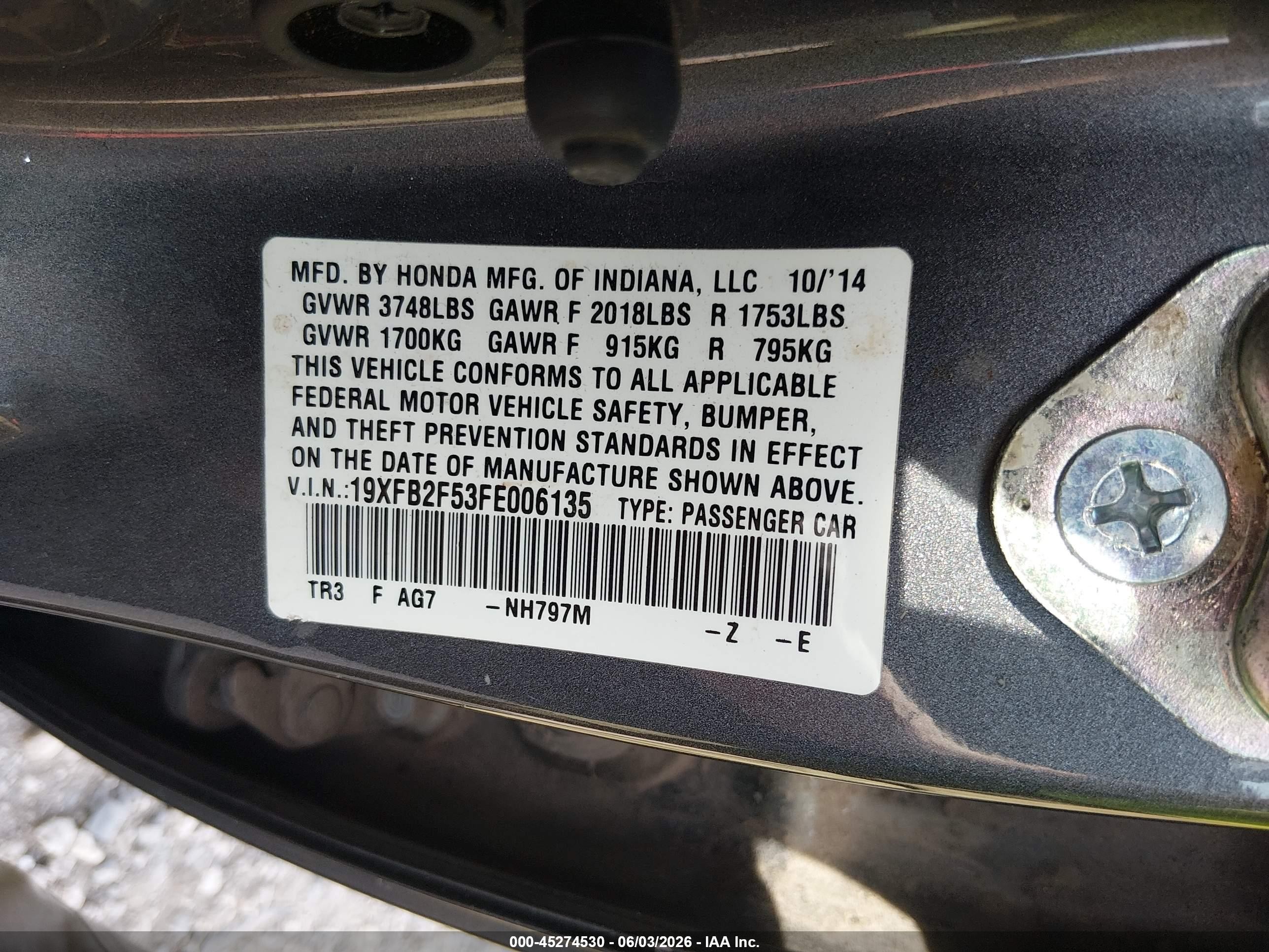 2015 Honda Civic Lx Gray vin: 19XFB2F53FE006135