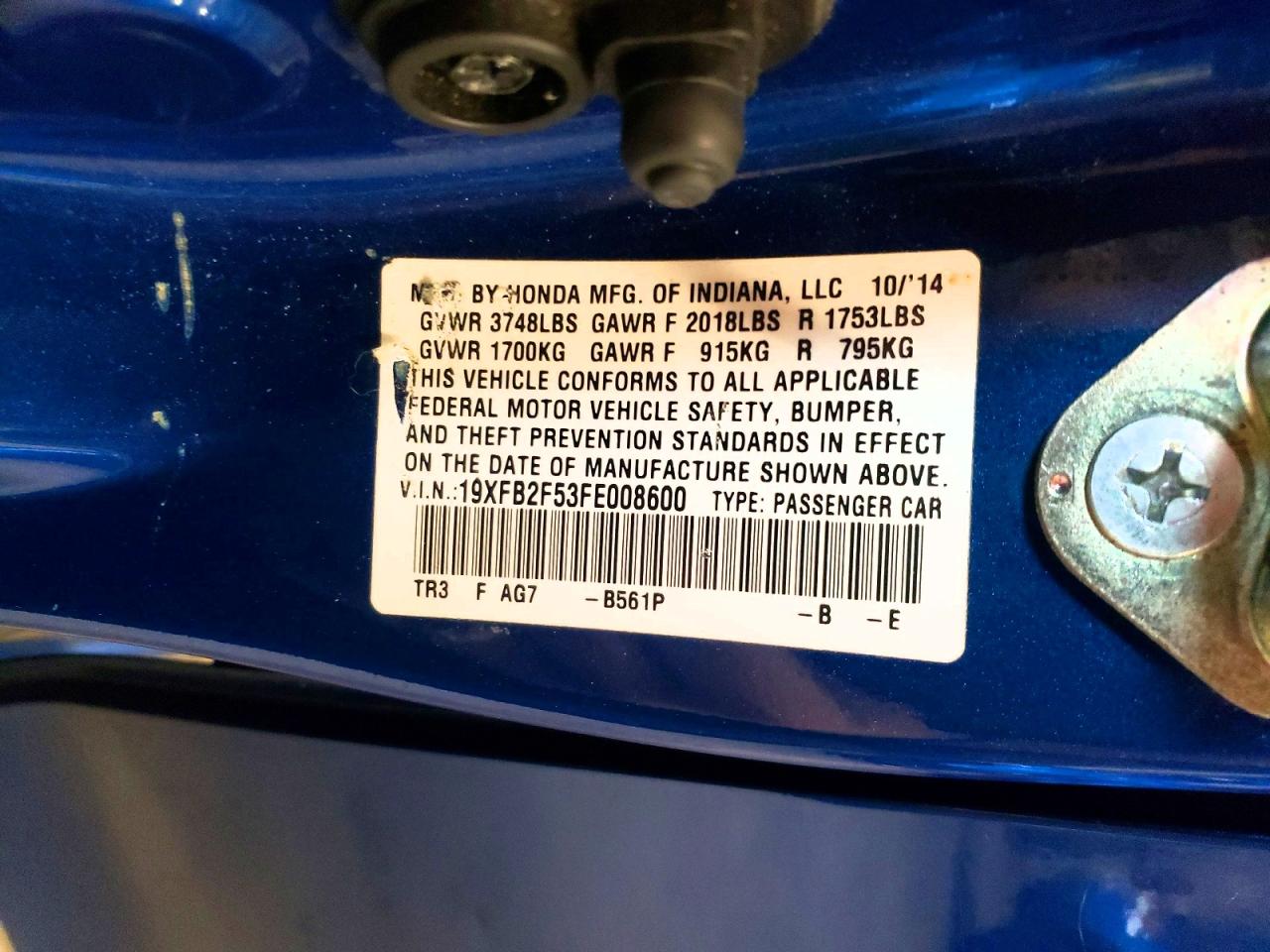 2015 Honda Civic Lx Blue vin: 19XFB2F53FE008600