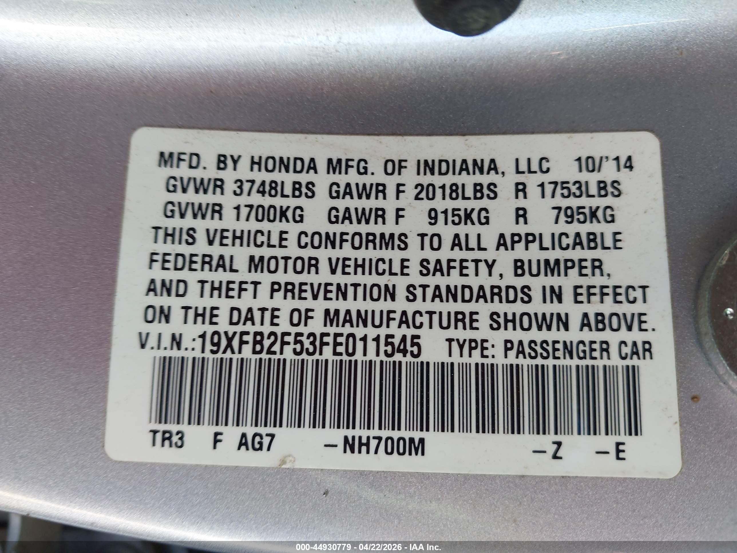 2015 Honda Civic Lx Silver vin: 19XFB2F53FE011545