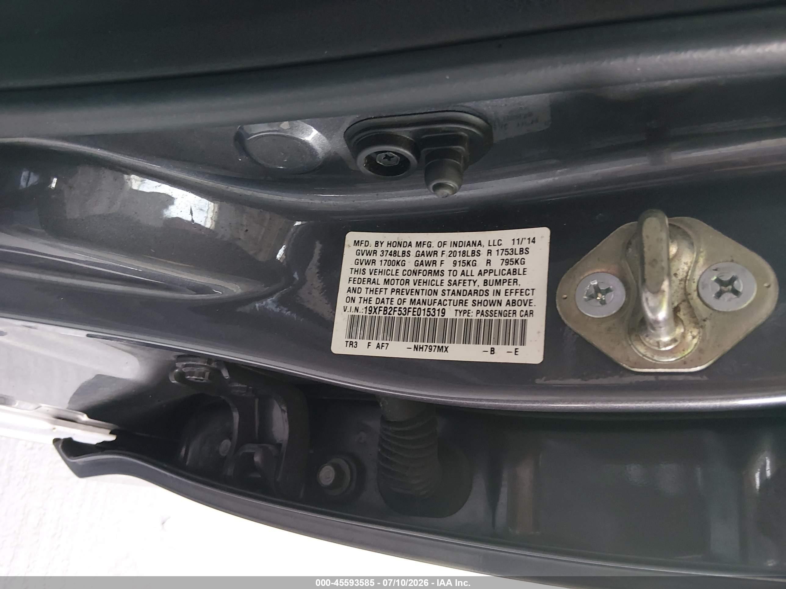 2015 Honda Civic Lx Gray vin: 19XFB2F53FE015319