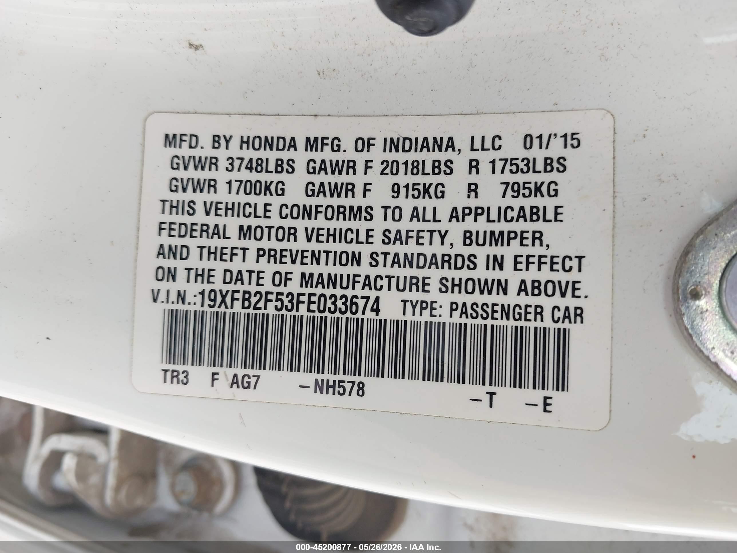 2015 Honda Civic Lx White vin: 19XFB2F53FE033674