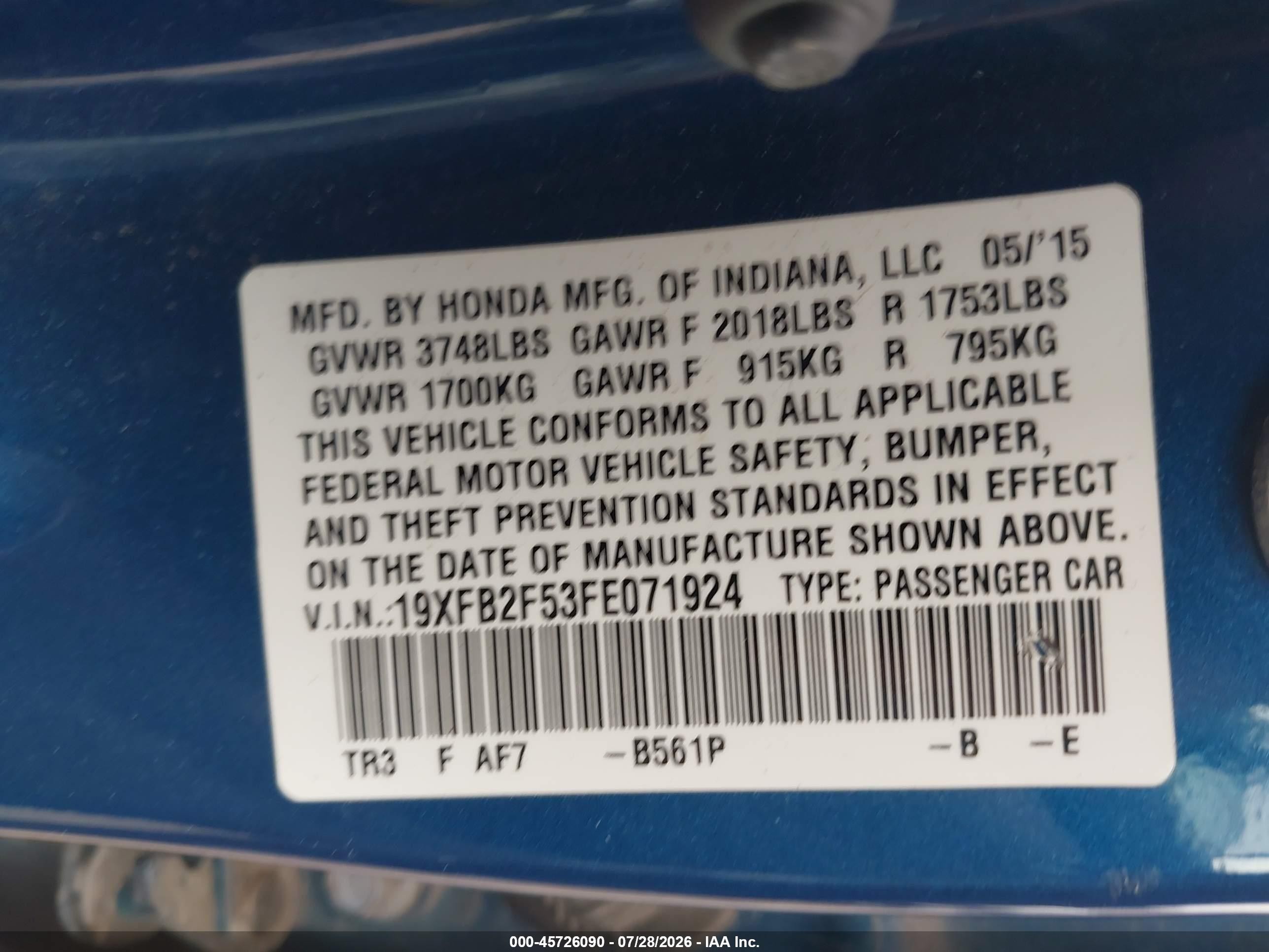 2015 Honda Civic Lx Blue vin: 19XFB2F53FE071924