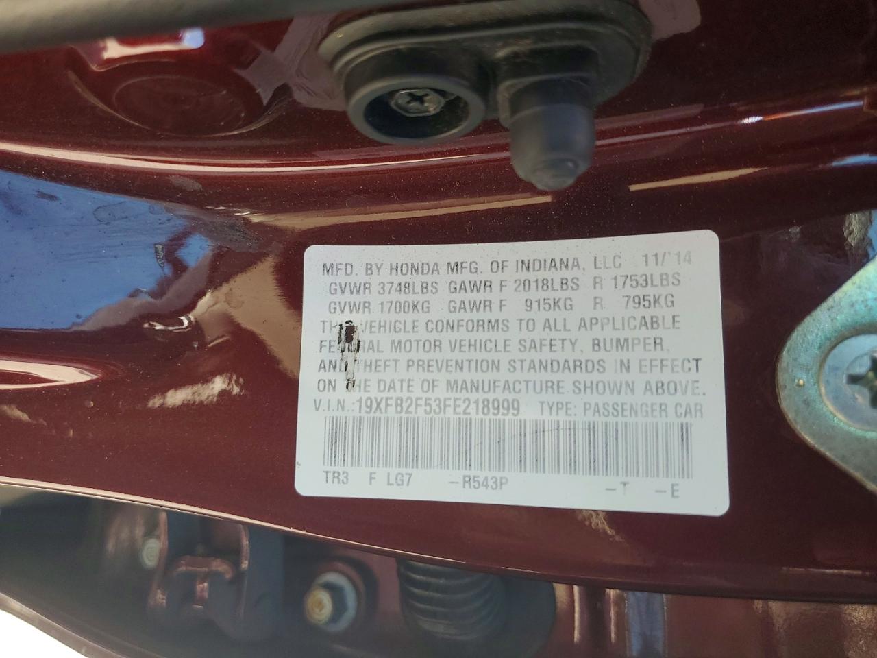 2015 Honda Civic Lx Бордовый vin: 19XFB2F53FE218999