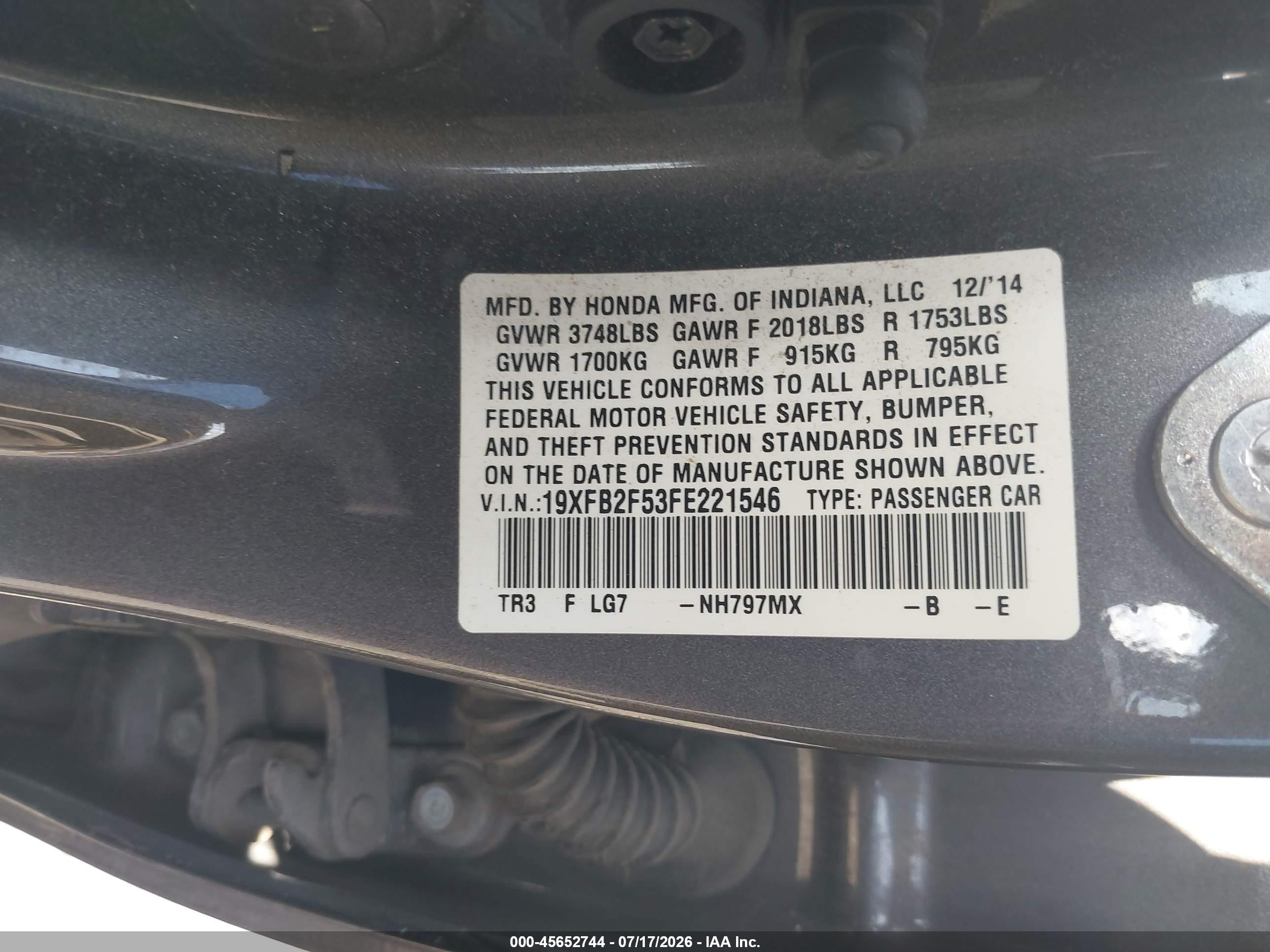2015 Honda Civic Lx Gray vin: 19XFB2F53FE221546