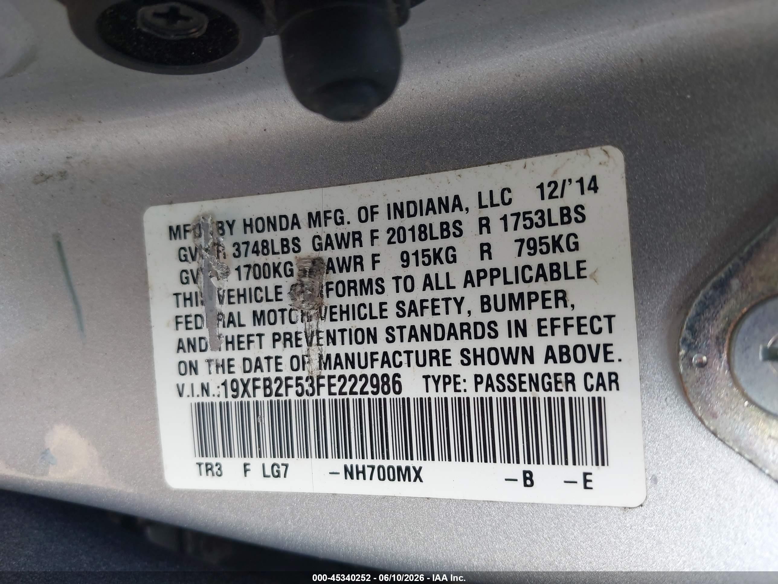 2015 Honda Civic Lx Silver vin: 19XFB2F53FE222986