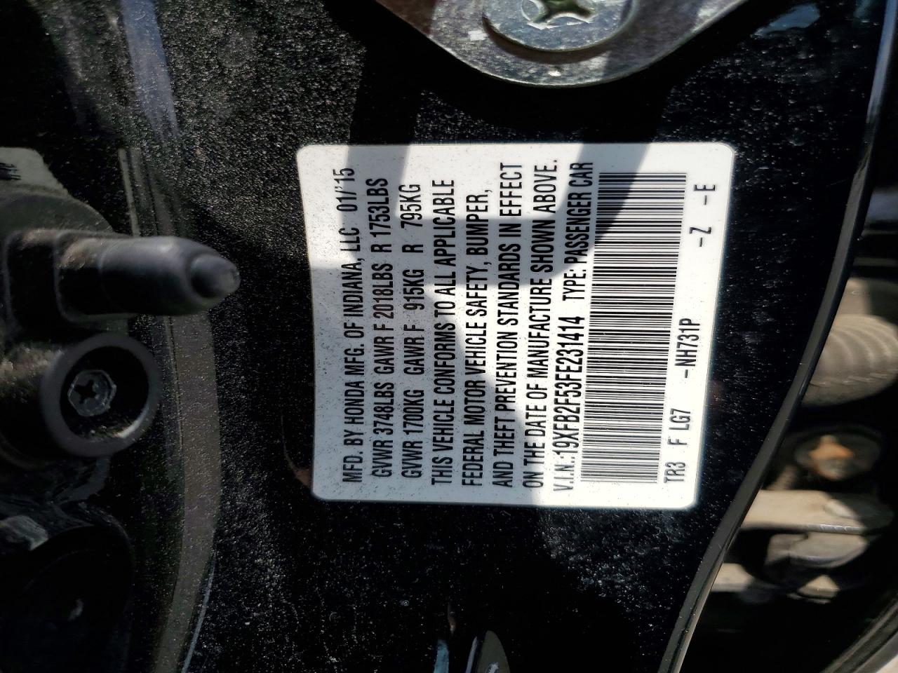 2015 Honda Civic Lx Black vin: 19XFB2F53FE231414