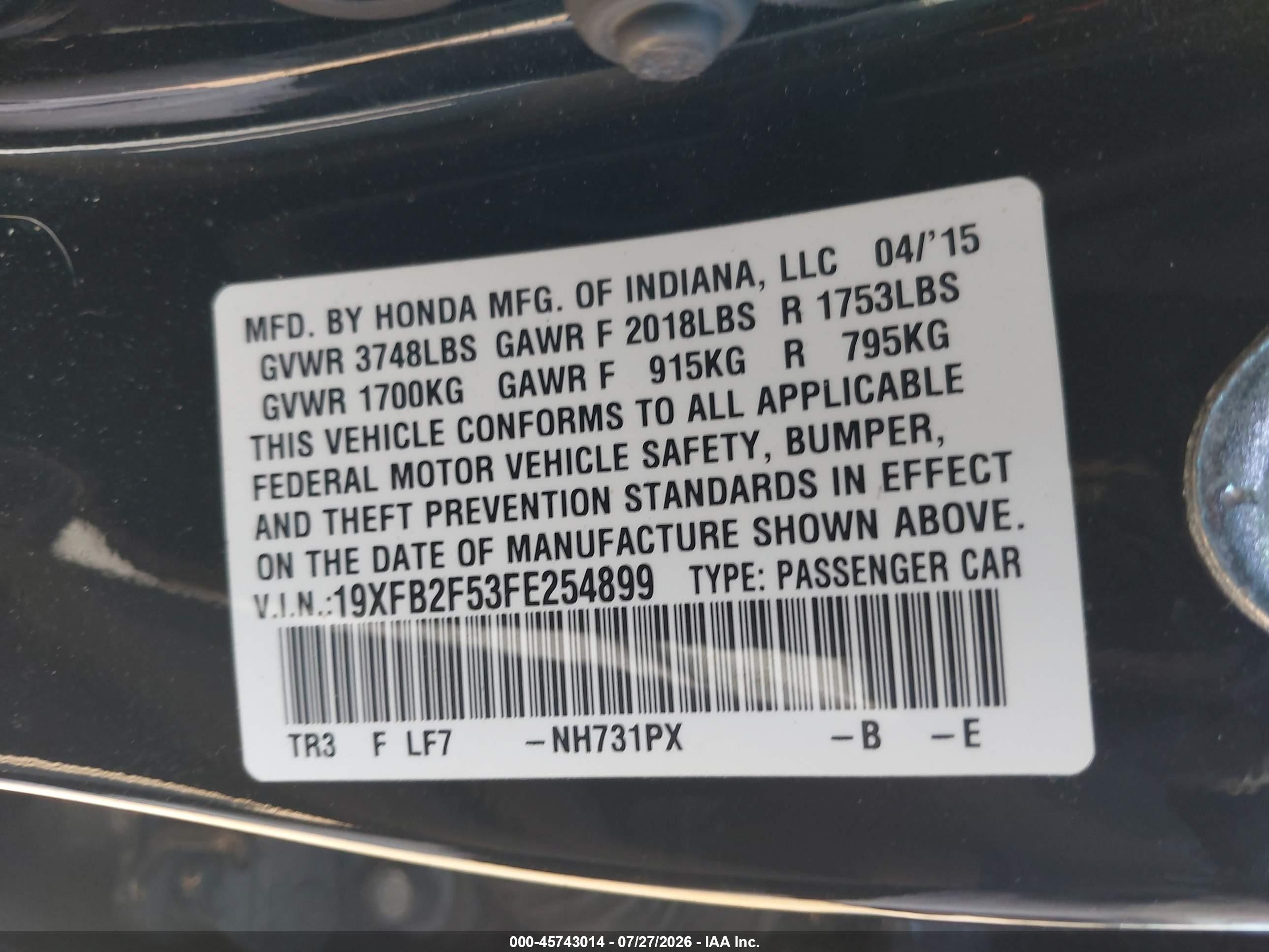 2015 Honda Civic Lx Black vin: 19XFB2F53FE254899