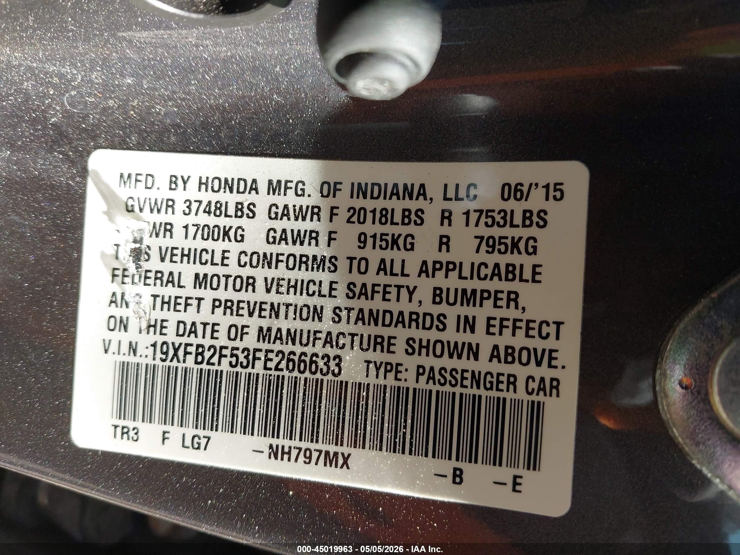 2015 Honda Civic Lx Gray vin: 19XFB2F53FE266633