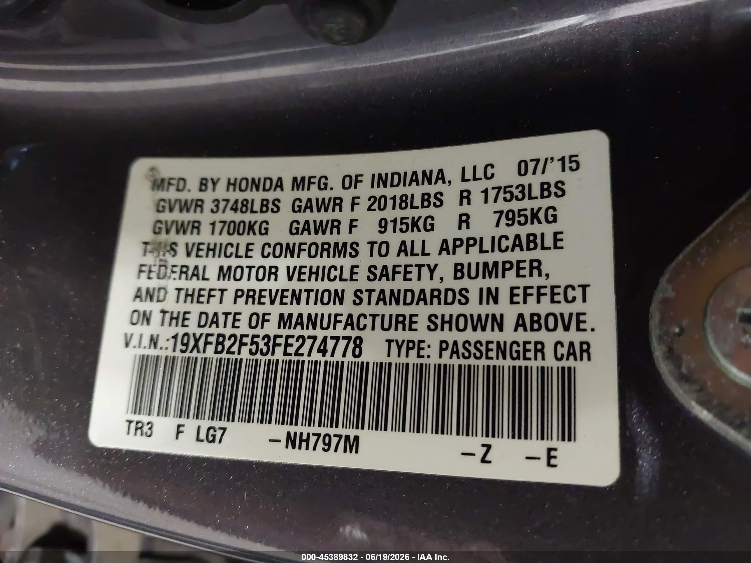 2015 Honda Civic Lx Серый vin: 19XFB2F53FE274778
