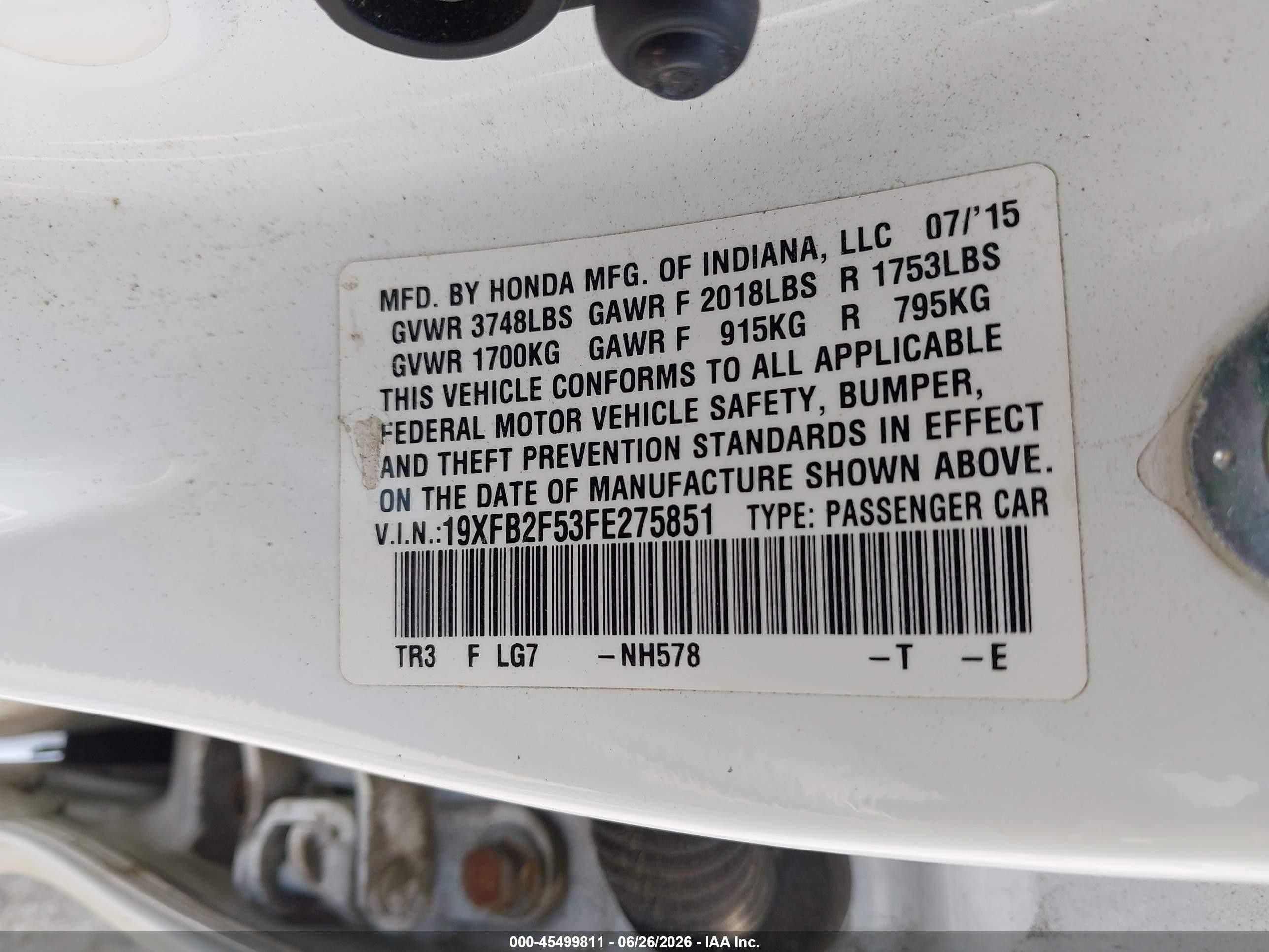 2015 Honda Civic Lx White vin: 19XFB2F53FE275851