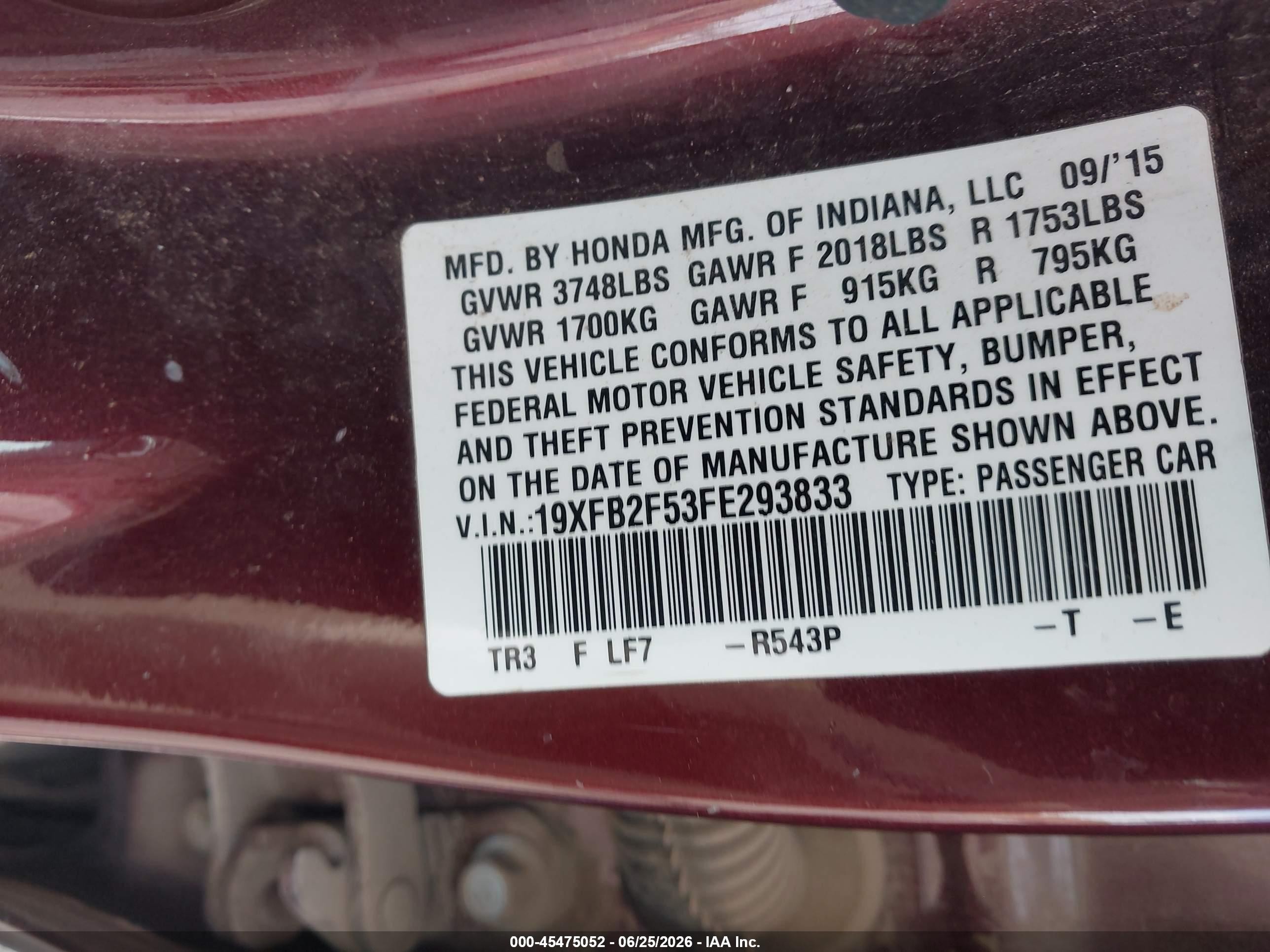 2015 Honda Civic Lx Maroon vin: 19XFB2F53FE293833