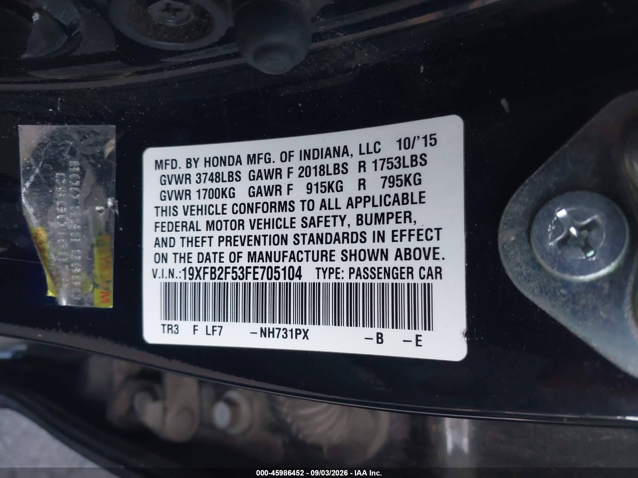 2015 Honda Civic Lx Black vin: 19XFB2F53FE705104