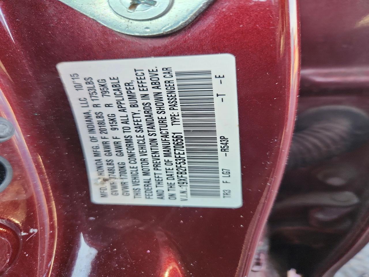 2015 Honda Civic Lx Burgundy vin: 19XFB2F53FE706561