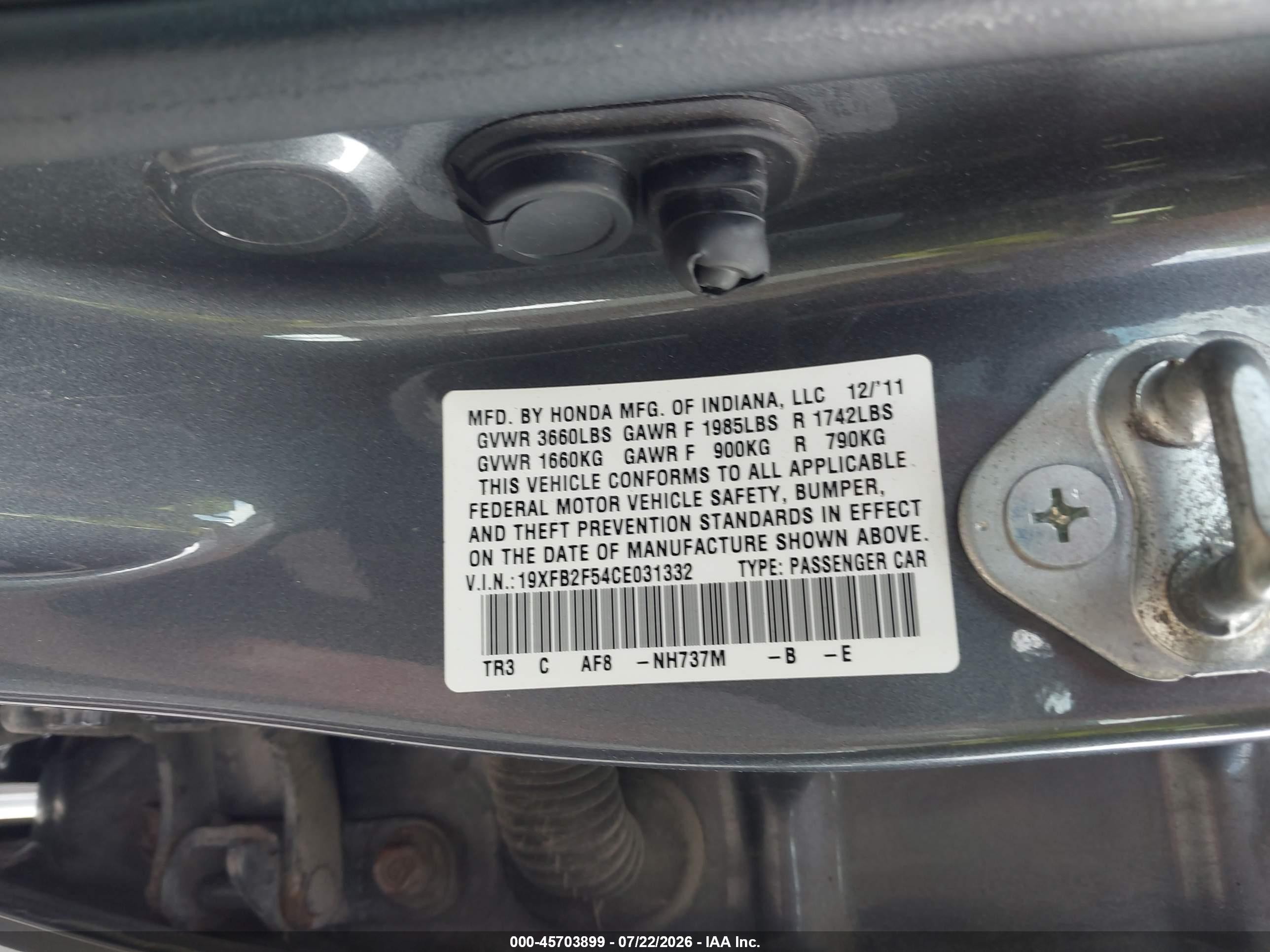 2012 Honda Civic Lx Gray vin: 19XFB2F54CE031332