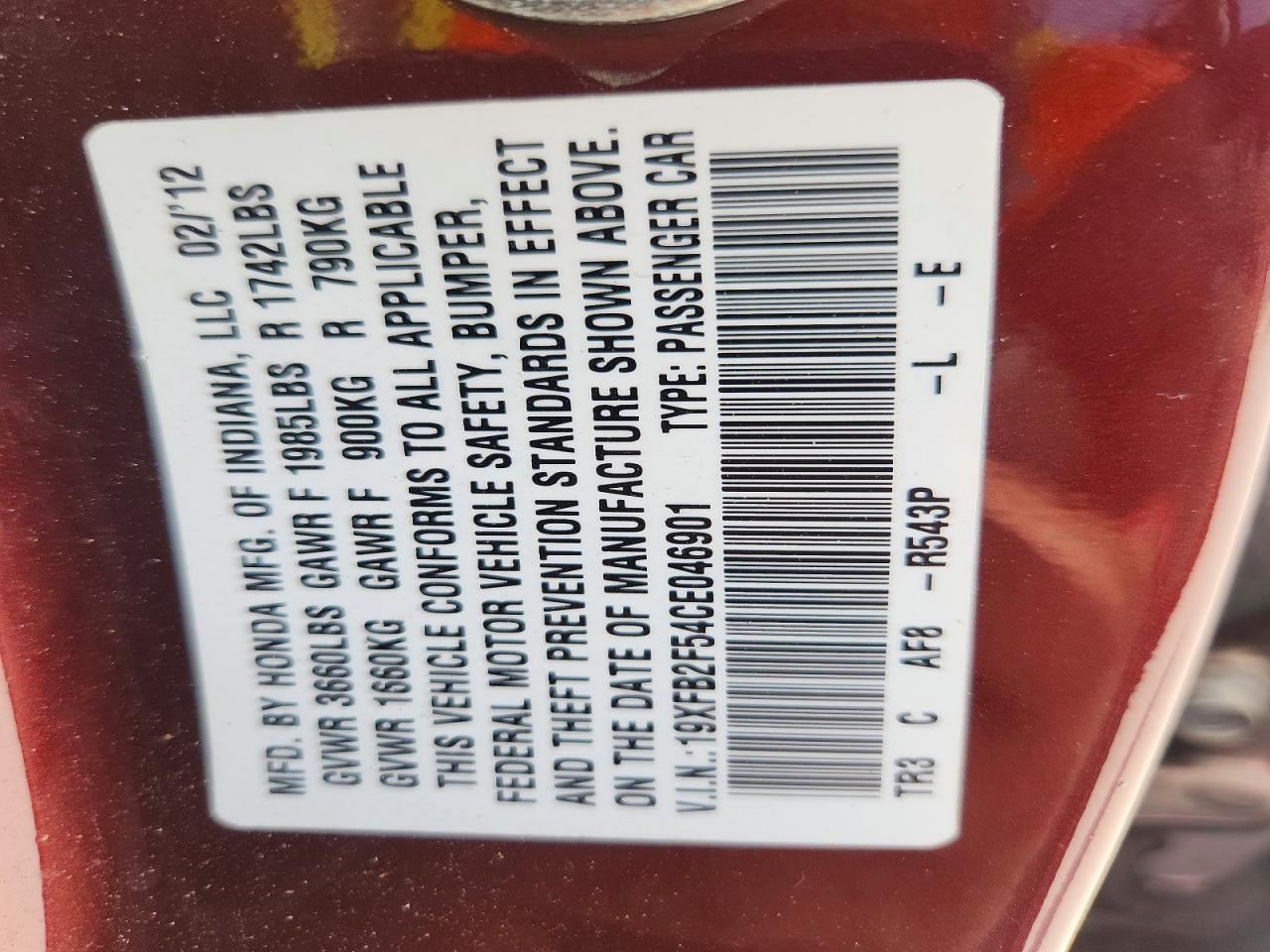 2012 Honda Civic Lx Burgundy vin: 19XFB2F54CE046901