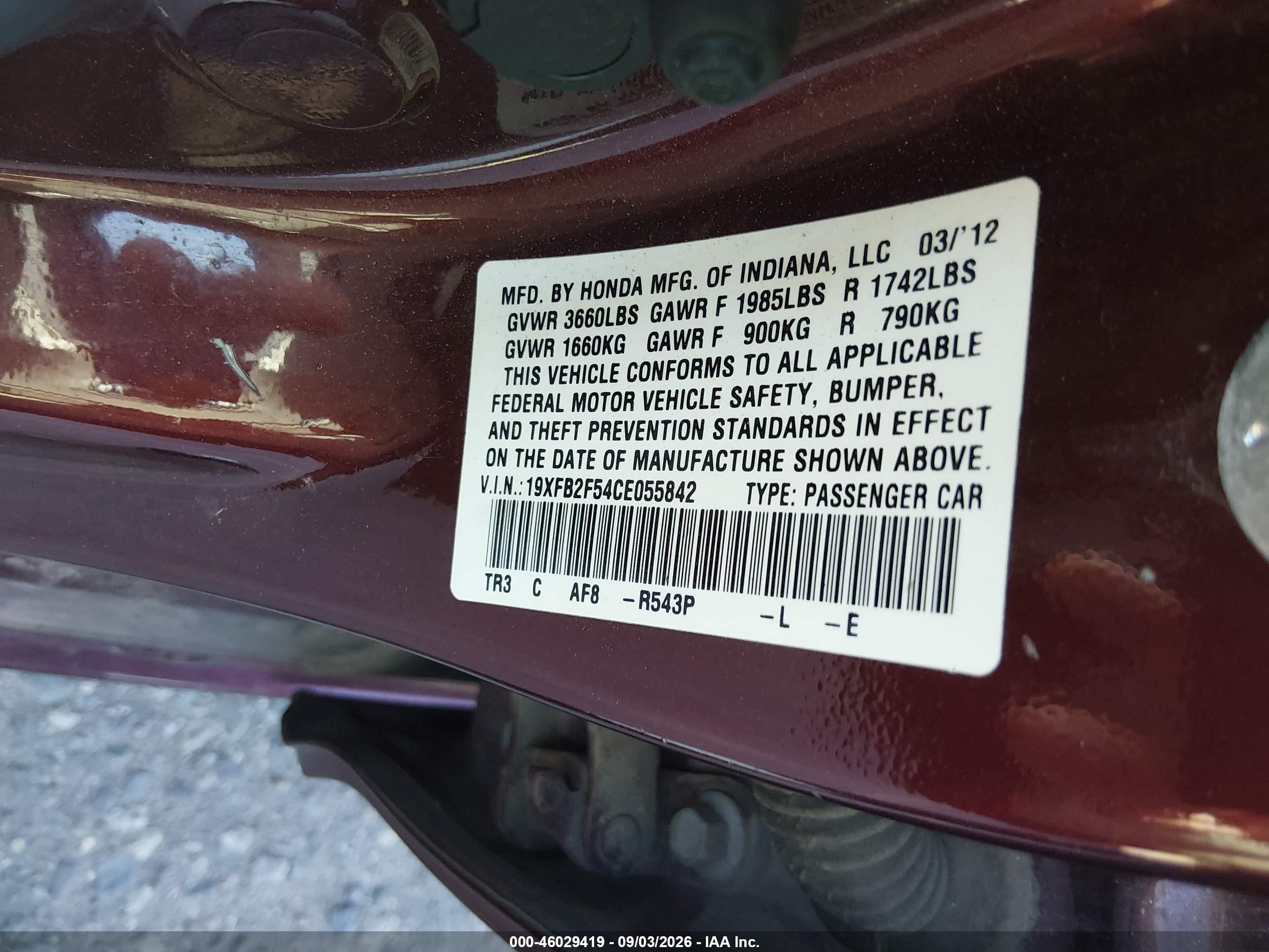2012 Honda Civic Lx Красный vin: 19XFB2F54CE055842