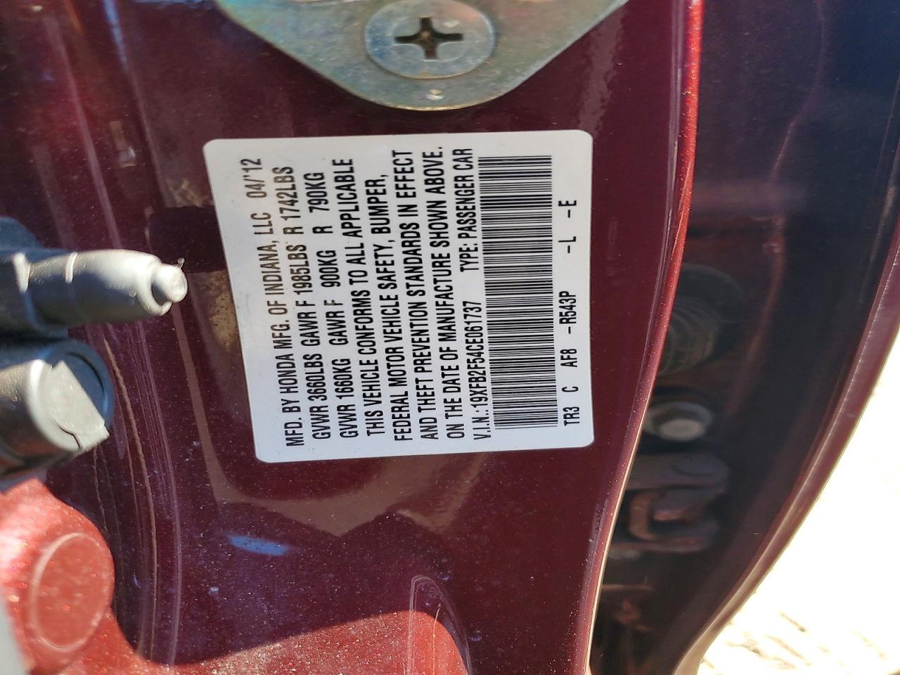 2012 Honda Civic Lx Burgundy vin: 19XFB2F54CE061737