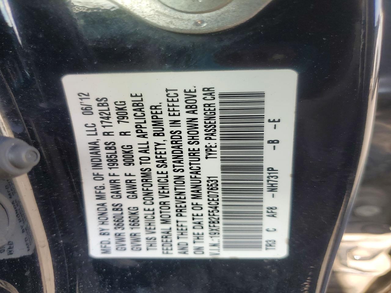 2012 Honda Civic Lx Черный vin: 19XFB2F54CE076531