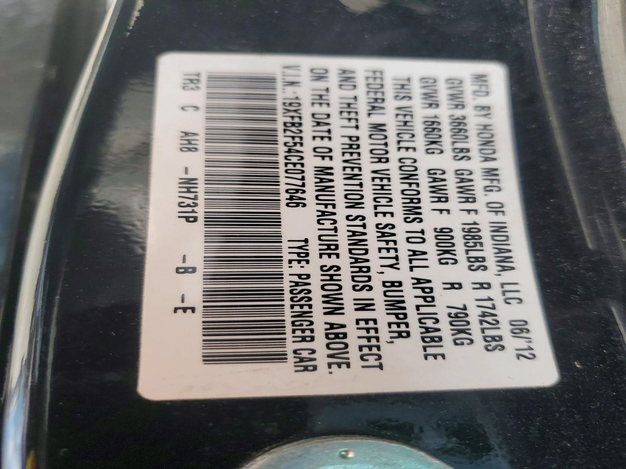 2012 Honda Civic Black vin: 19XFB2F54CE077646