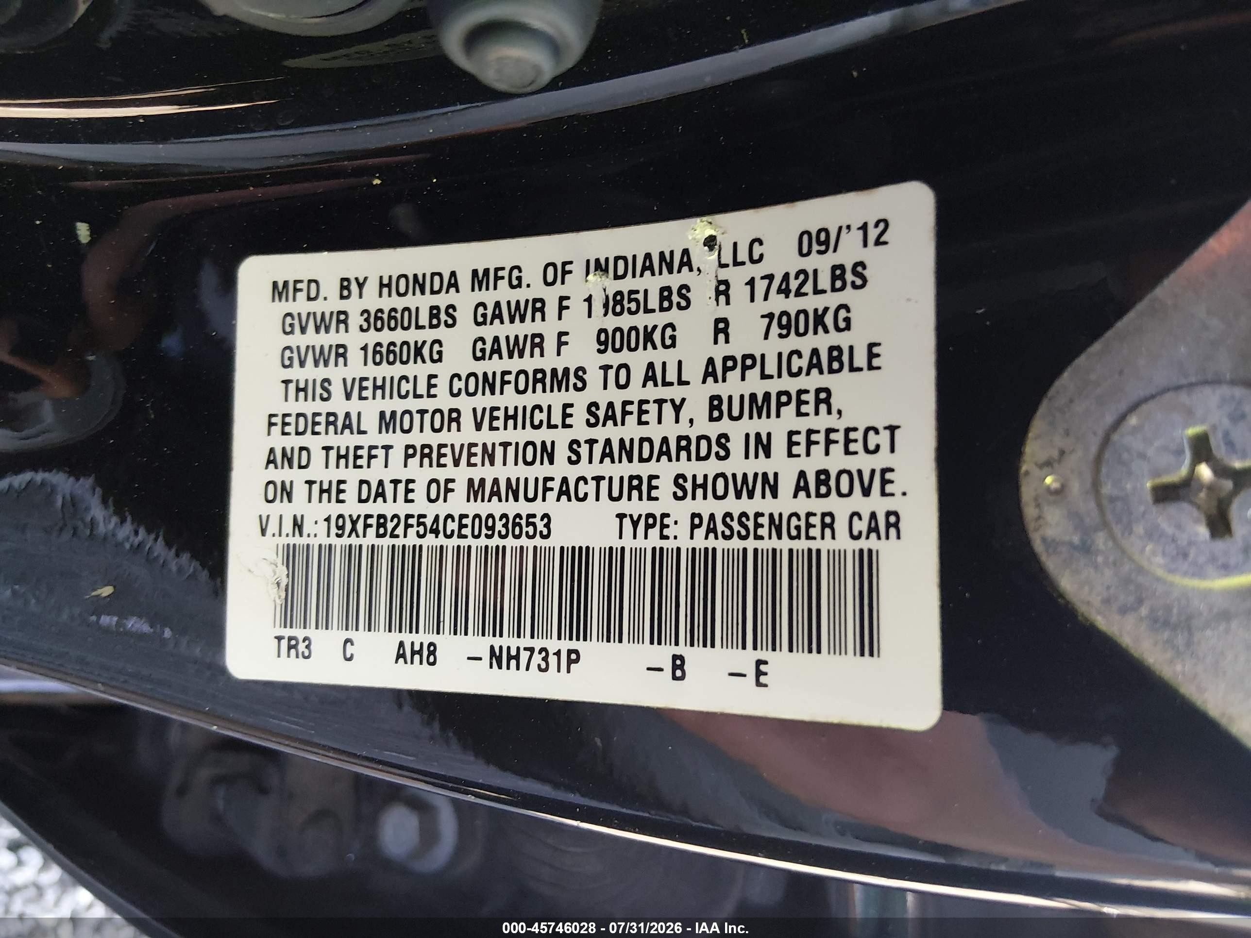 2012 Honda Civic Lx Black vin: 19XFB2F54CE093653