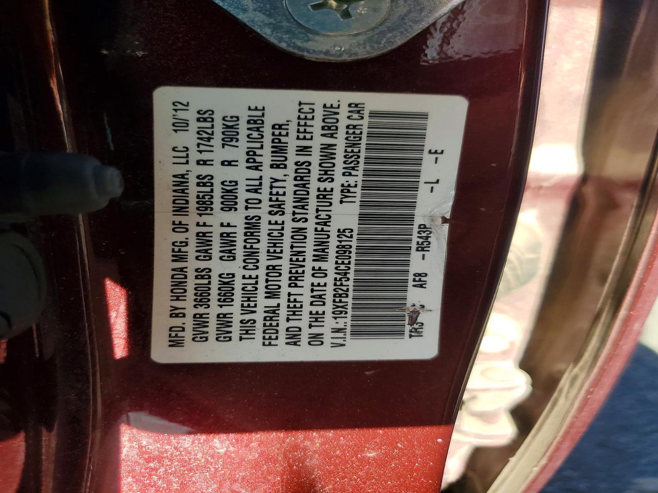 2012 Honda Civic Lx Burgundy vin: 19XFB2F54CE098125